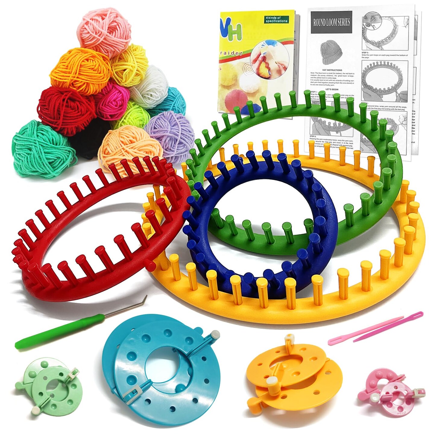 UCDRMA Loom Knitting Kit with Yarn, 23PCS Round Knitting Loom Kit for Beginners Including Instructions and Pom Pom Maker, Easy & Quick Hat Knitting Loom Set/Scarf Loom Knitting Set for Family
