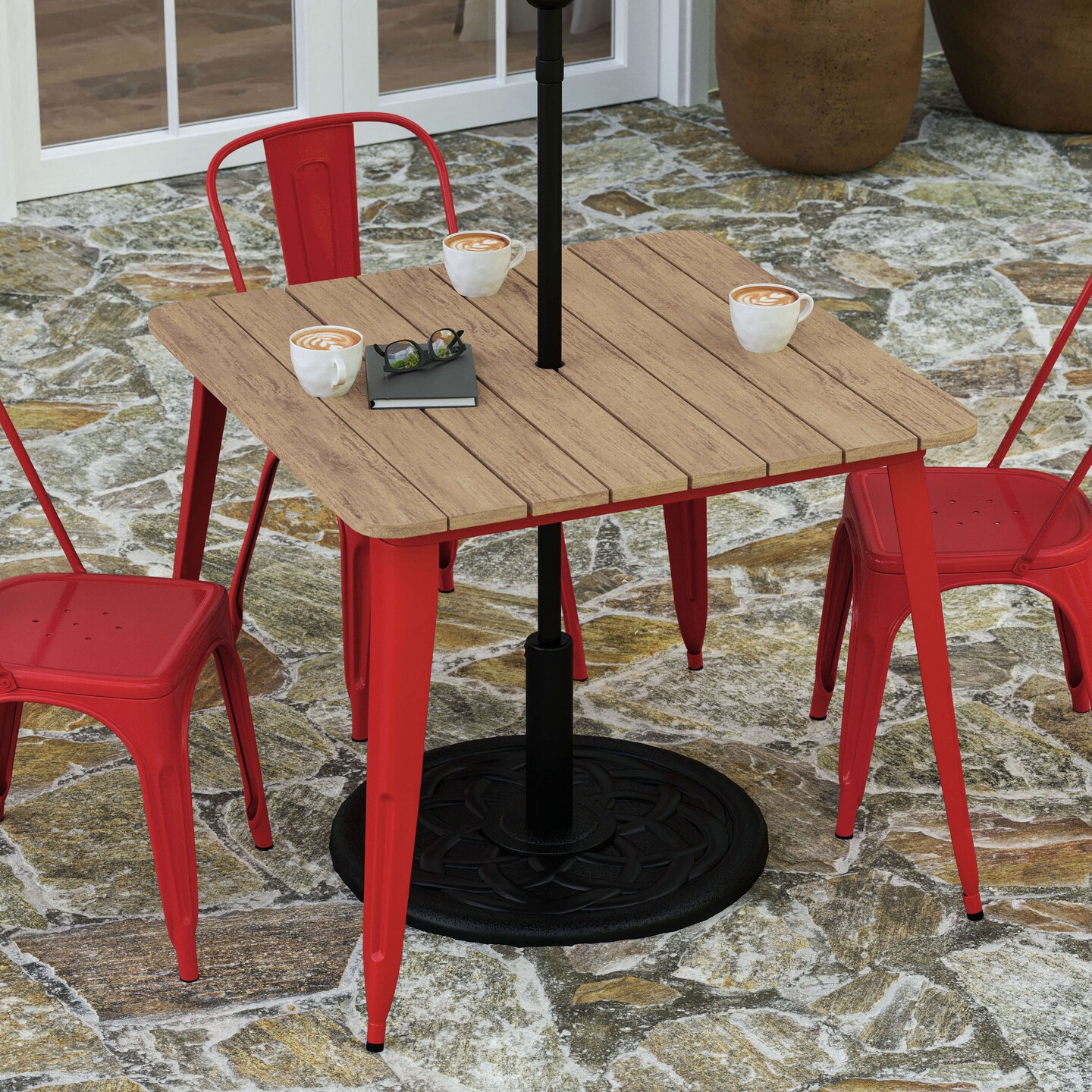 Merrick Lane Dryden Indoor/Outdoor Dining Table with Umbrella Hole, 36" Square All Weather Poly Resin Top and Steel Base