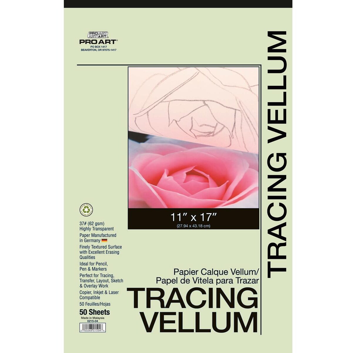 PRO ART Tracing Vellum Paper Pad, 37lb, 11&#x22; x 17&#x22;, 50 sheets, Translucent Tracing Paper for and drawing, pattern for sewing, drafting paper, protecting artwork