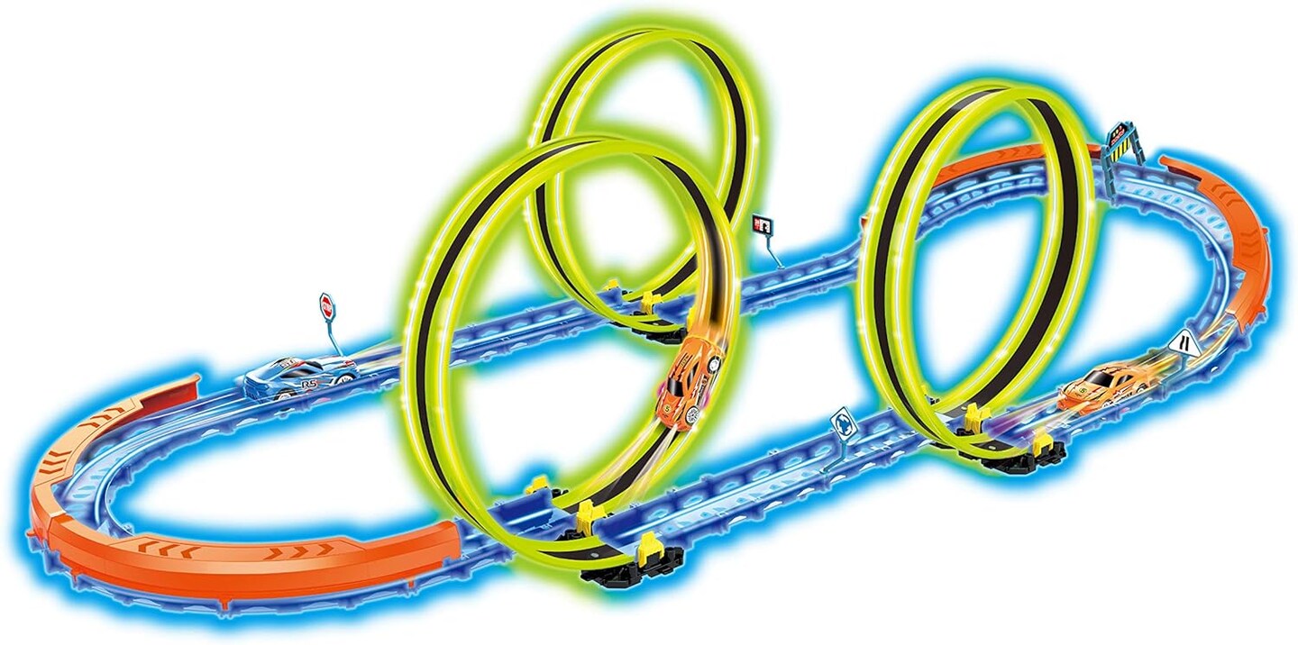SpinForce Glow X3 50-Piece Toy Racecar Track Set - Glow-In-The-Dark - (1) R/C Car Included, Ages 3 and up