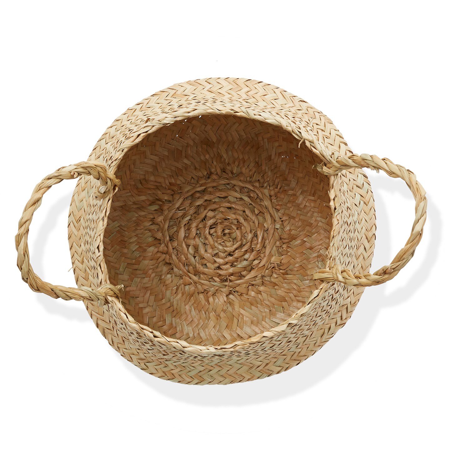 Casafield Seagrass Belly Baskets with Handles, Natural Woven Storage Basket Planters, Round Folding Bins for Home Decor, Indoor Plant Pot Covers