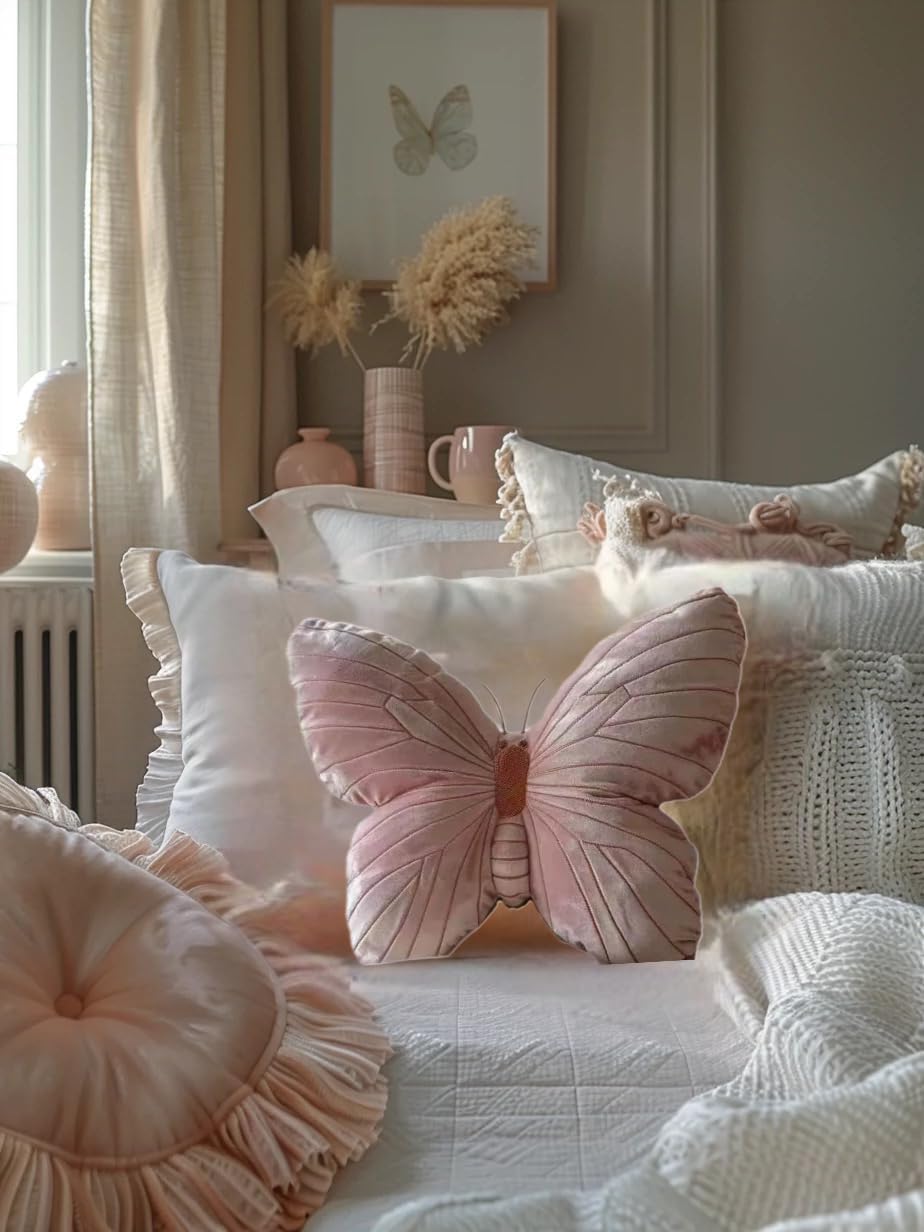 Butterfly Throw Pillow, Pink Butterfly-Shaped Glitter Velvet Stuffed Cushion Shiny Spring Decorative Animal Pillow for Couch Living Room Bed (Butterfly-B,11.8&#x22;x11.8&#x22;)