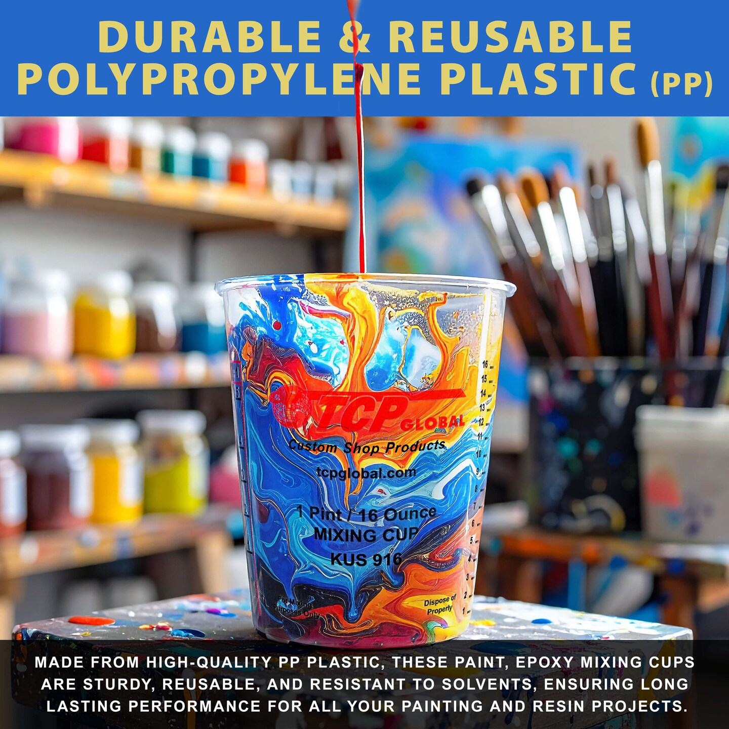 Custom Shop Paint Mixing Cups, 16-Ounce (Box of 36) - Plastic Measuring Cups for Liquids, Automotive Painting, Epoxy Resin, Acrylic Arts, Crafts, Disposable or Reusable, Graduated, Mixing Ratios