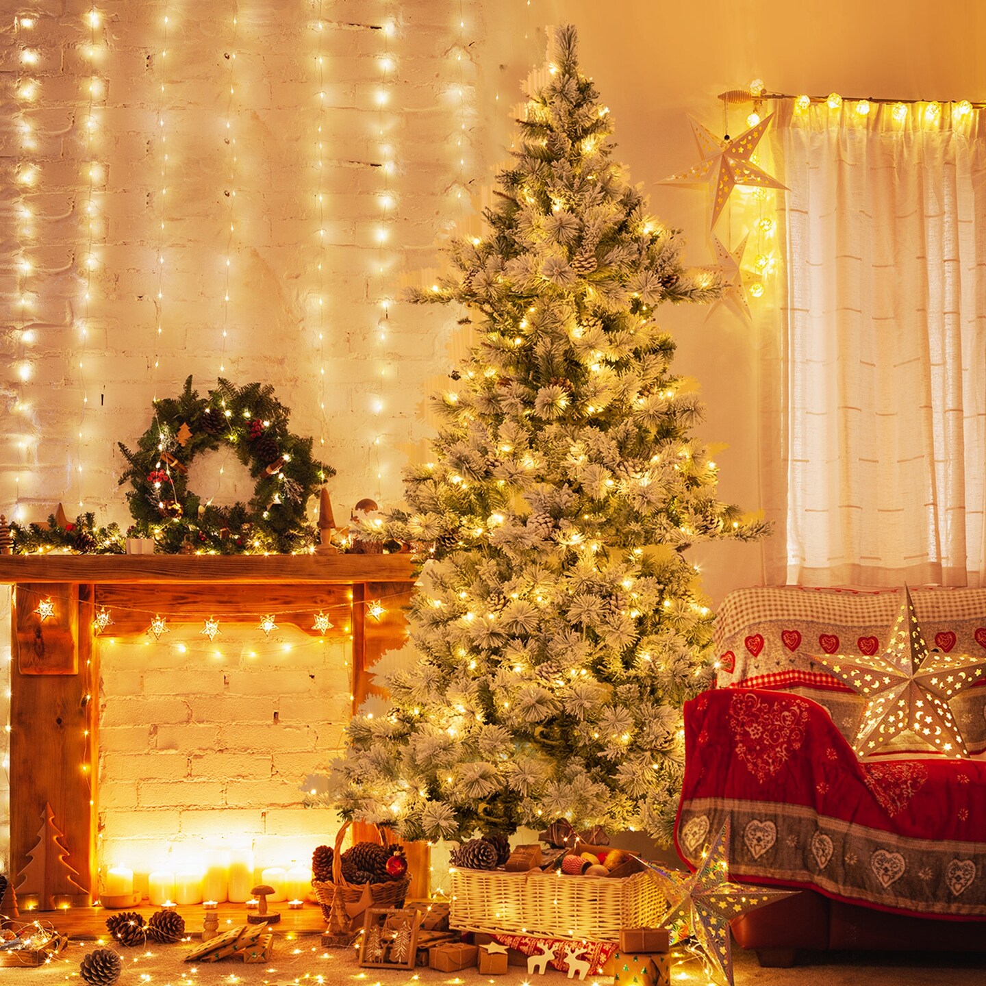 Costway 7 FT Flocked Christmas Tree Hinged Xmas Decoration with 420 LED Lights &#x26; 1057 Tips