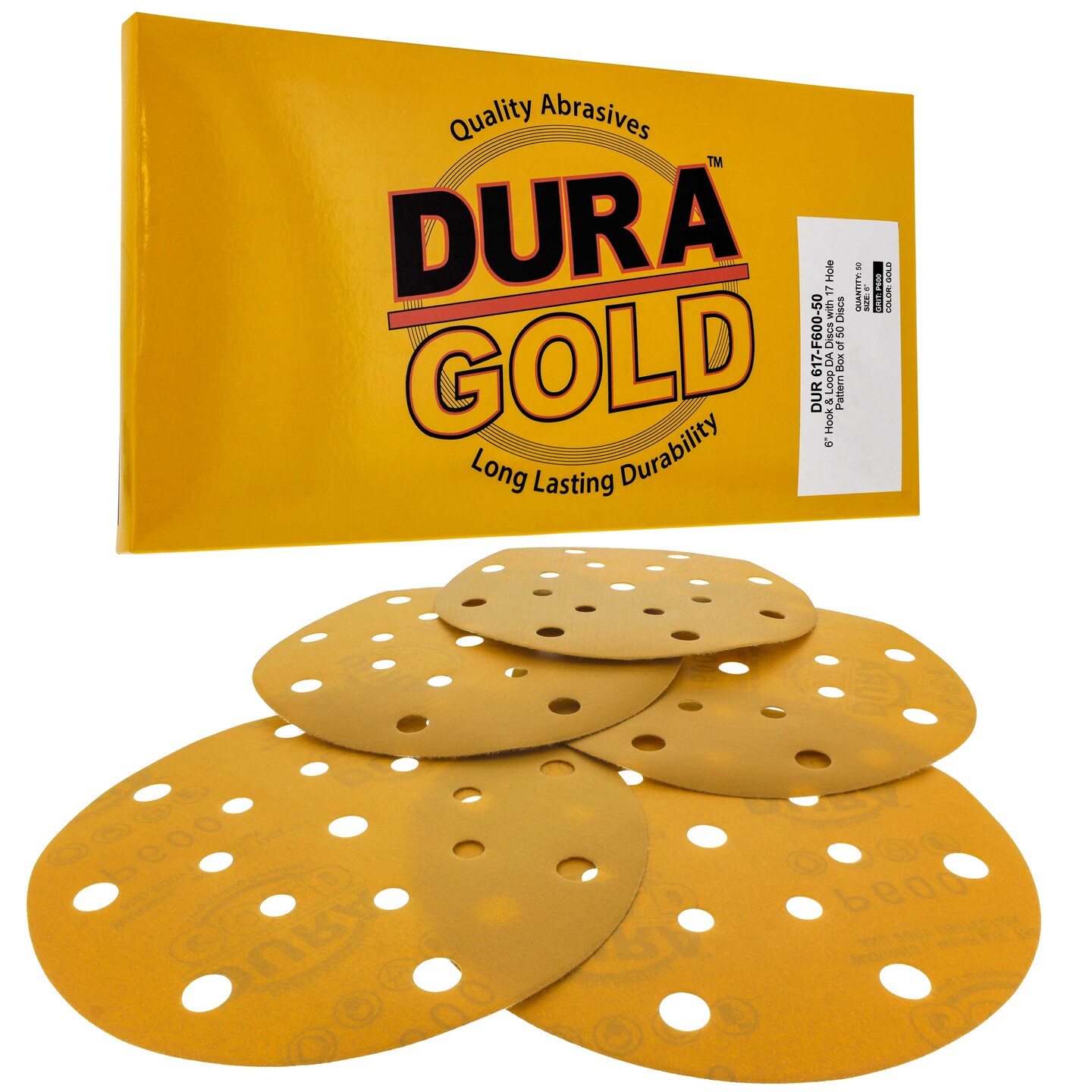 600 Grit - 6&#x22; Gold Sanding Discs - 17-Hole Pattern Hook and Loop for DA Sander - Box of 50