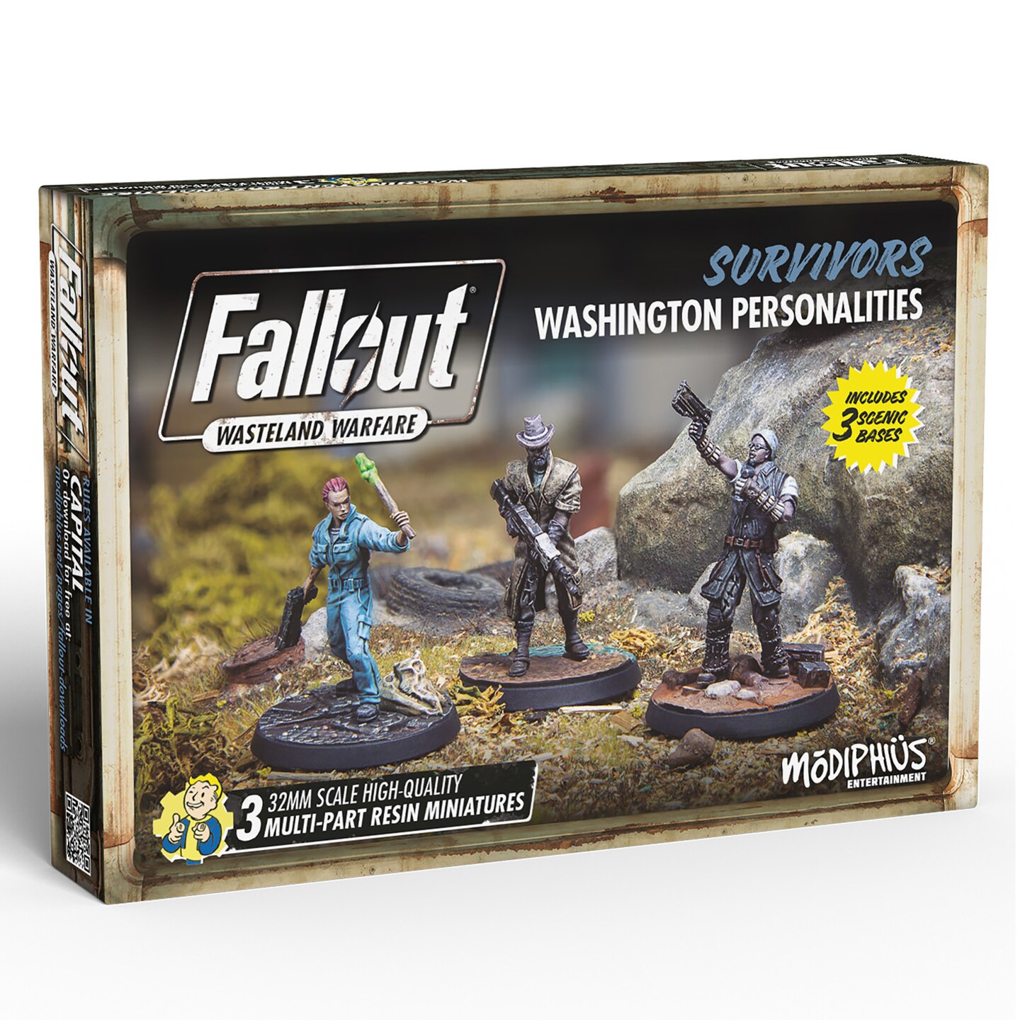 Fallout Wasteland Warfare: Survivors: Washington Personalities - 3 Miniatures, 32mm Unpainted Figures, Capital Wave
