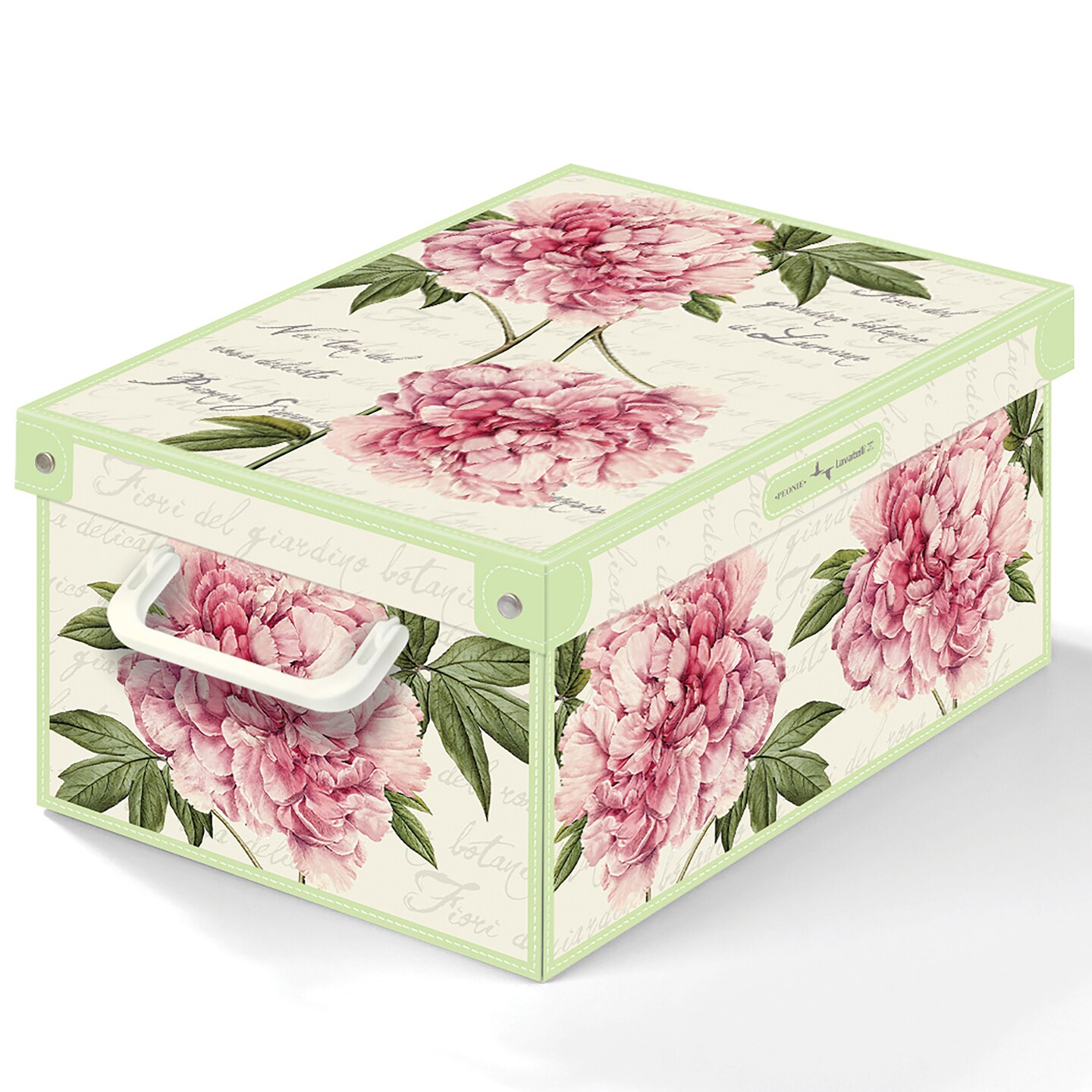 Lavatelli: Storage Box: Small - Peony - Lid & Side Handles, Decorative Cardboard Organizer, Stacks-Folds, Home-Clothes-Linen-Office, 13.8 x 9.8 x 6.9"