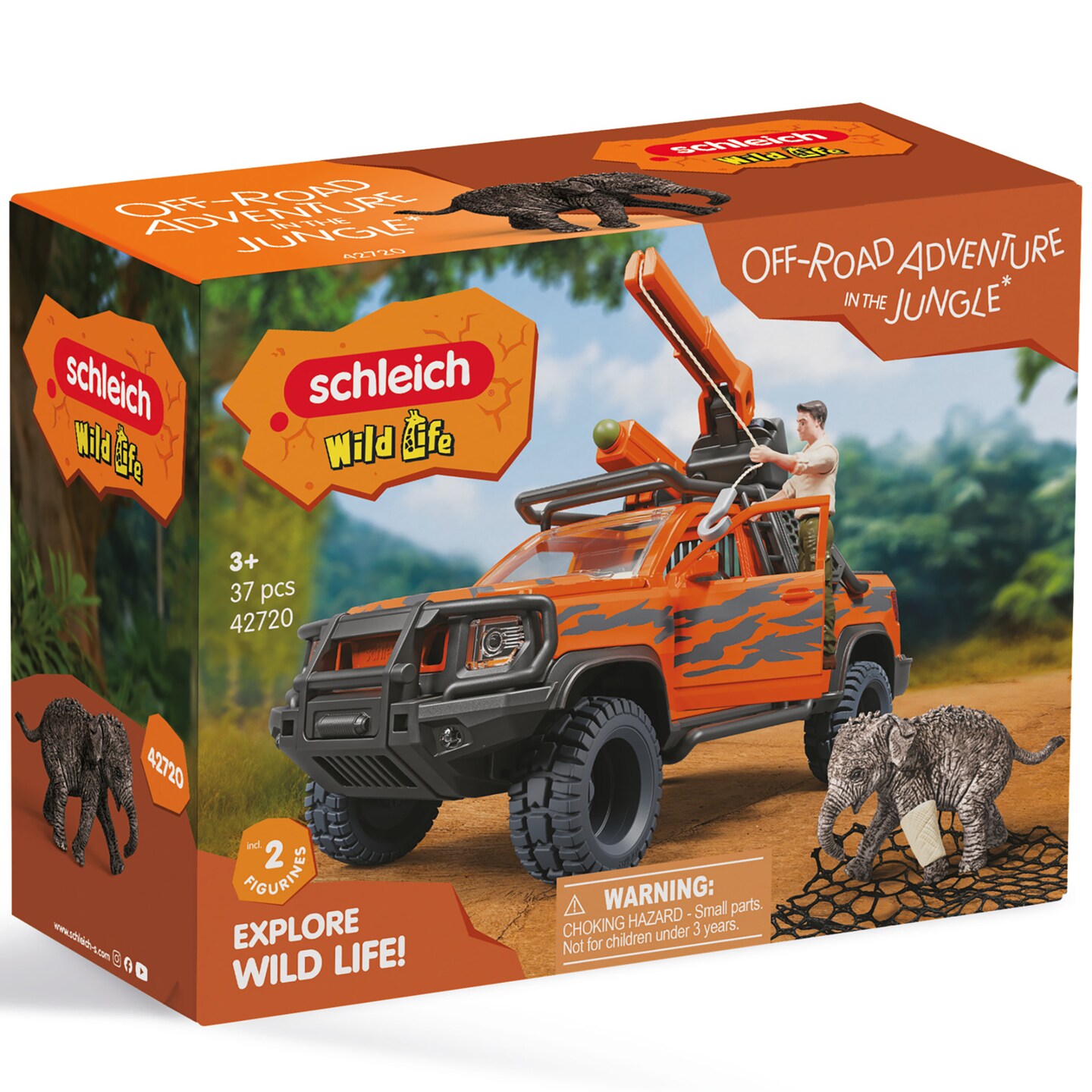 Schliech: Wild Life: Off-Road Adventure In The Jungle - 37pc Animal Rescue & Explore Playset, Orange-Grey Vehicle, Elephant & Ranger Figures, Kids 3+