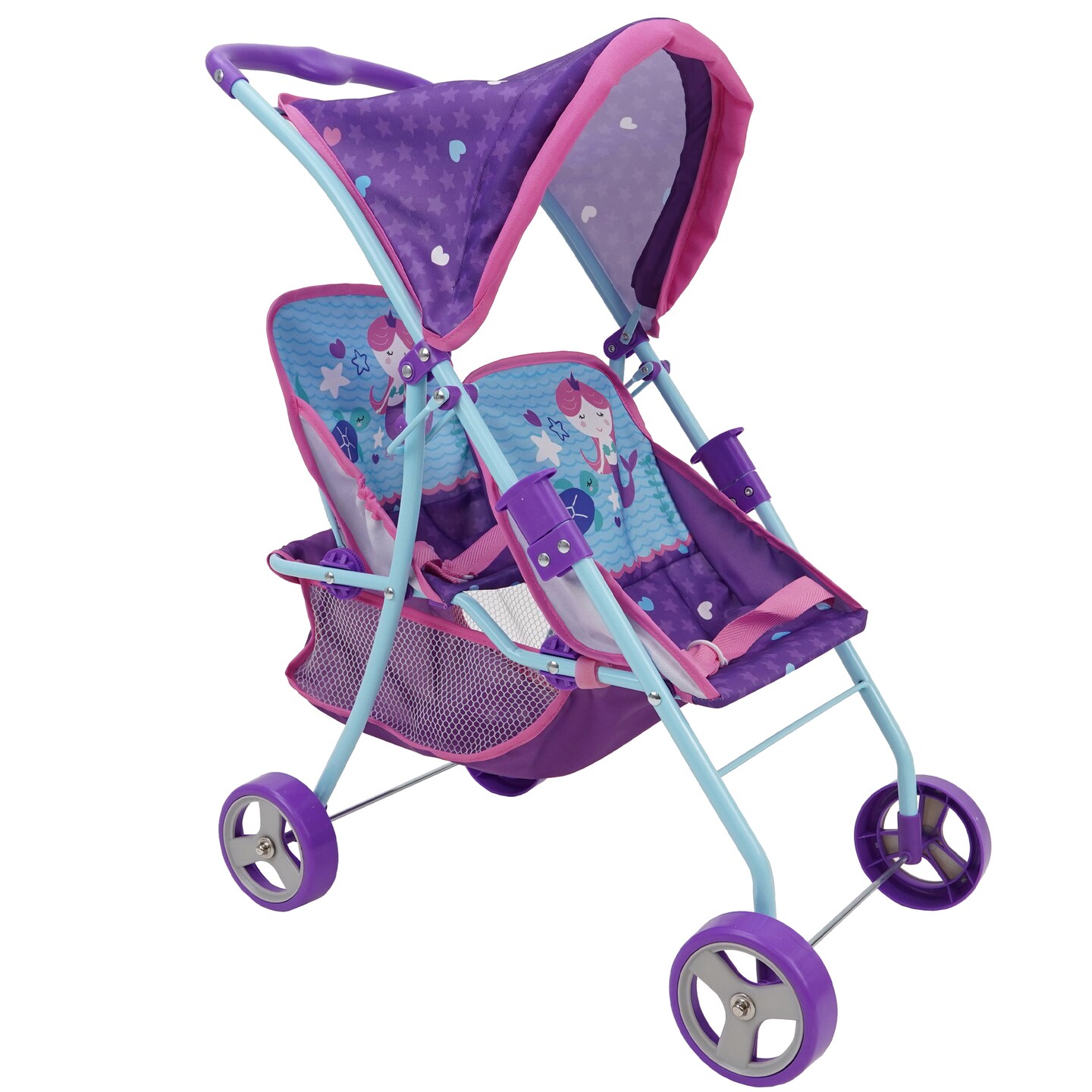 509: Mermaid Twin Doll Stroller - Kids Pretend Play, Retractable Canopy, Easy to Fold For Storage & Travel, 2 Seats, Fits dolls up to 18", Ages 3+