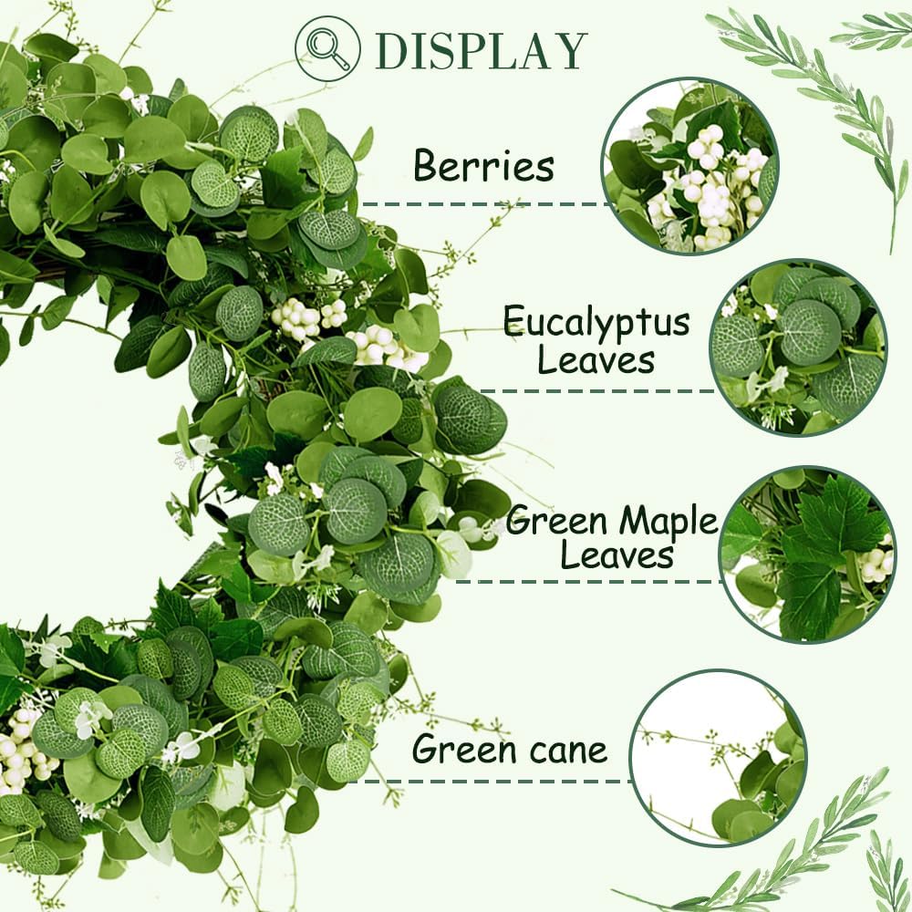 Eucalyptus Wreath 22-24 Inch, Spring Wreaths for Front Door Outside with White Berry (Green)