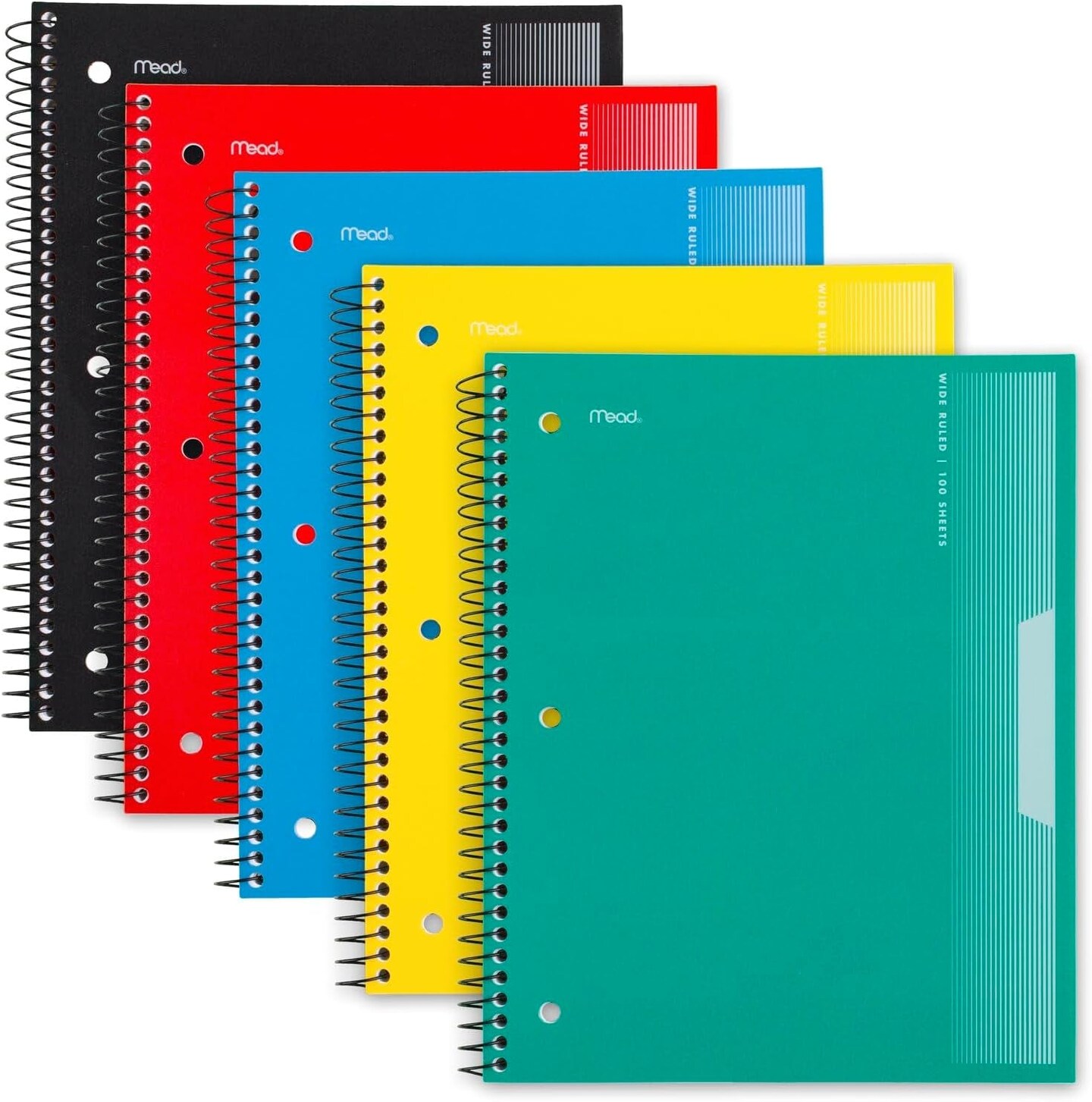 Spiral Notebooks, 5 Pack, 1-Subject, Wide Ruled Paper, Plastic Cover, 8&#x22; X 10-1/2&#x22;, 100 Sheets, Black, Yellow, Red, Blue and Green (930093)