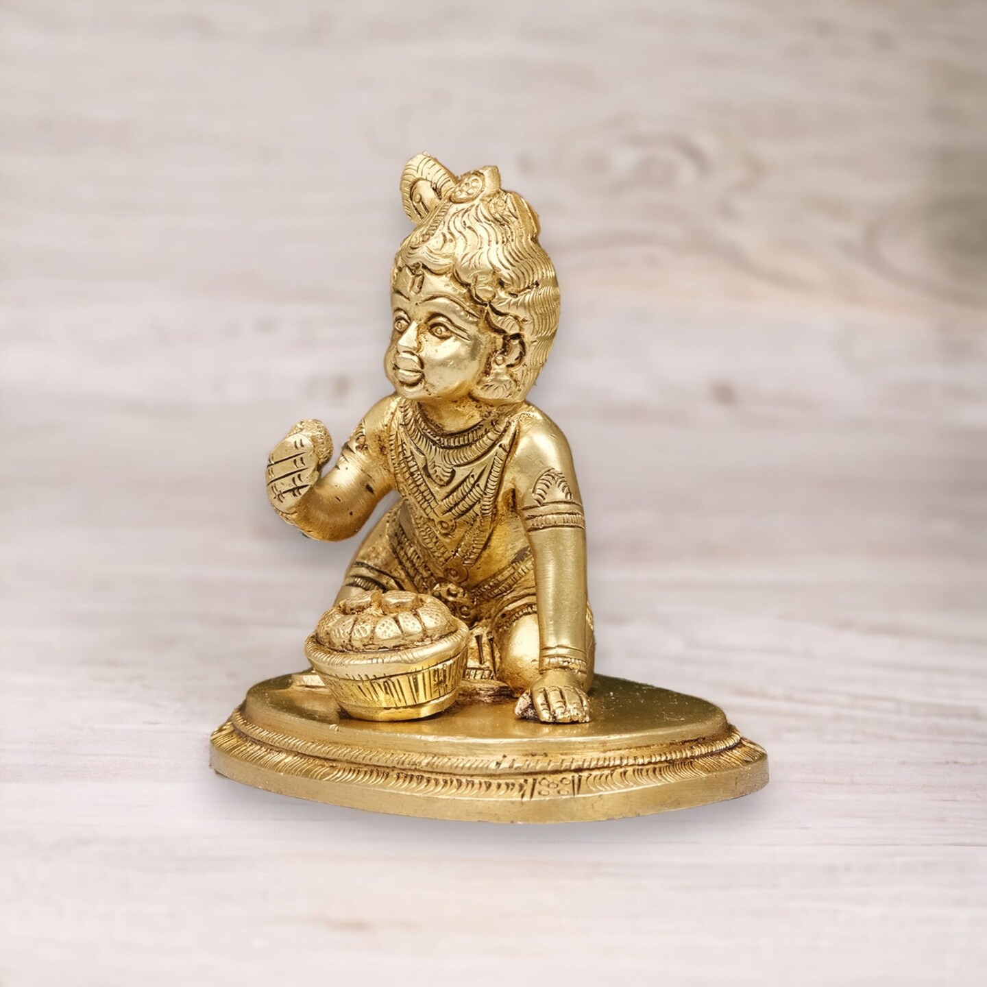 Brass Krishna Laddoo Gopal Kanha Bal Gopal Thakur Ji Makhan Chor Statue Idol Murti Sculpture Figurine for Home Temple Decor - Decorative Showpiece Janmashtami Housewarming Gift (3.5 Inches)