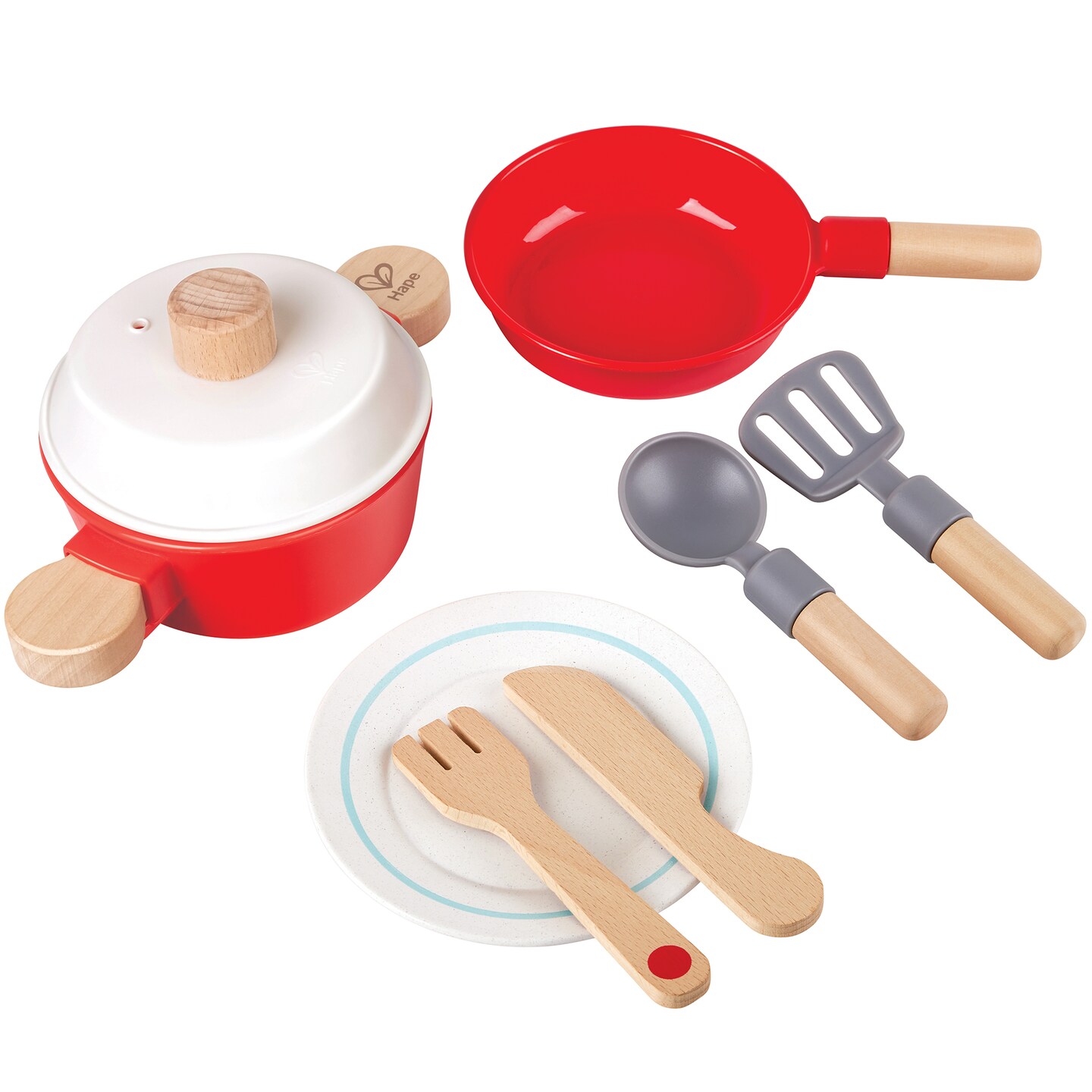 Hape: Little Chef Cook &#x26; Serve Set - 8pc Red &#x26; White, Wooden Kitchen Toy Playset, Pot &#x26; Pan, Cooking &#x26; Serving Utensils, Pretend Play, Kids Ages 3+