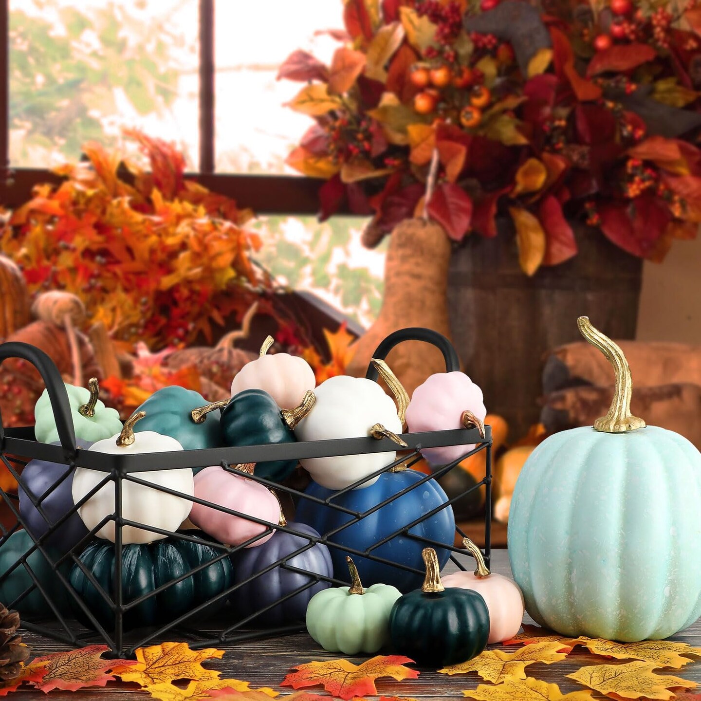 Decorative Large Small Outdoor Blue Green Pink Teal Foam Plastic Fake Faux Artificial Pumpkins for Halloween Autumn Harvest Festival Home Table Decor