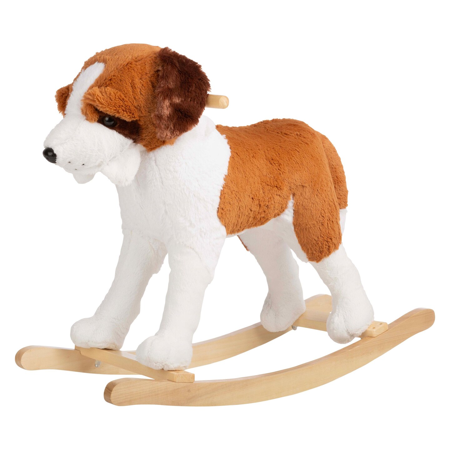 Plush Rocking Horse Dog Toy For Toddlers Ages 3 And Up - Wooden Rocker Brown White