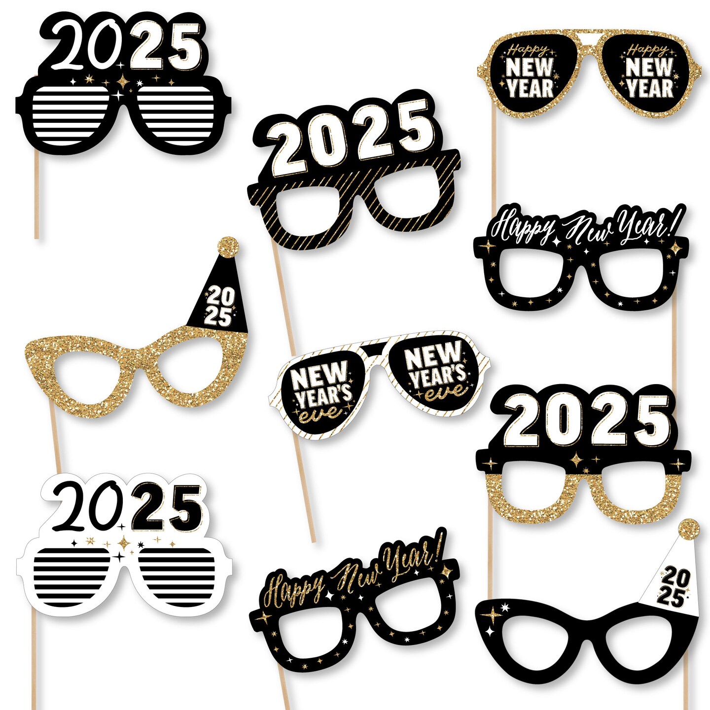 Big Dot of Happiness Hello New Year Glasses - Paper Card Stock 2025 NYE Party Photo Booth Props Kit - 10 Count
