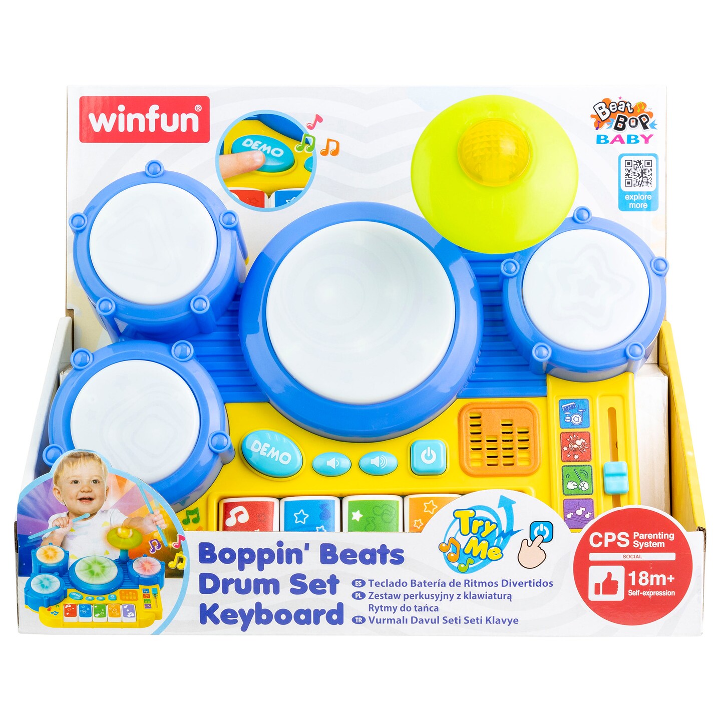 Winfun: Boppin&#x27; Beats Drum Set Keyboard - Lights &#x26; Sounds Toy, Children&#x27;s Colorful Instrument, 4 Modes of Play, Demo Songs, Toddler &#x26; Kids Ages 18mo+