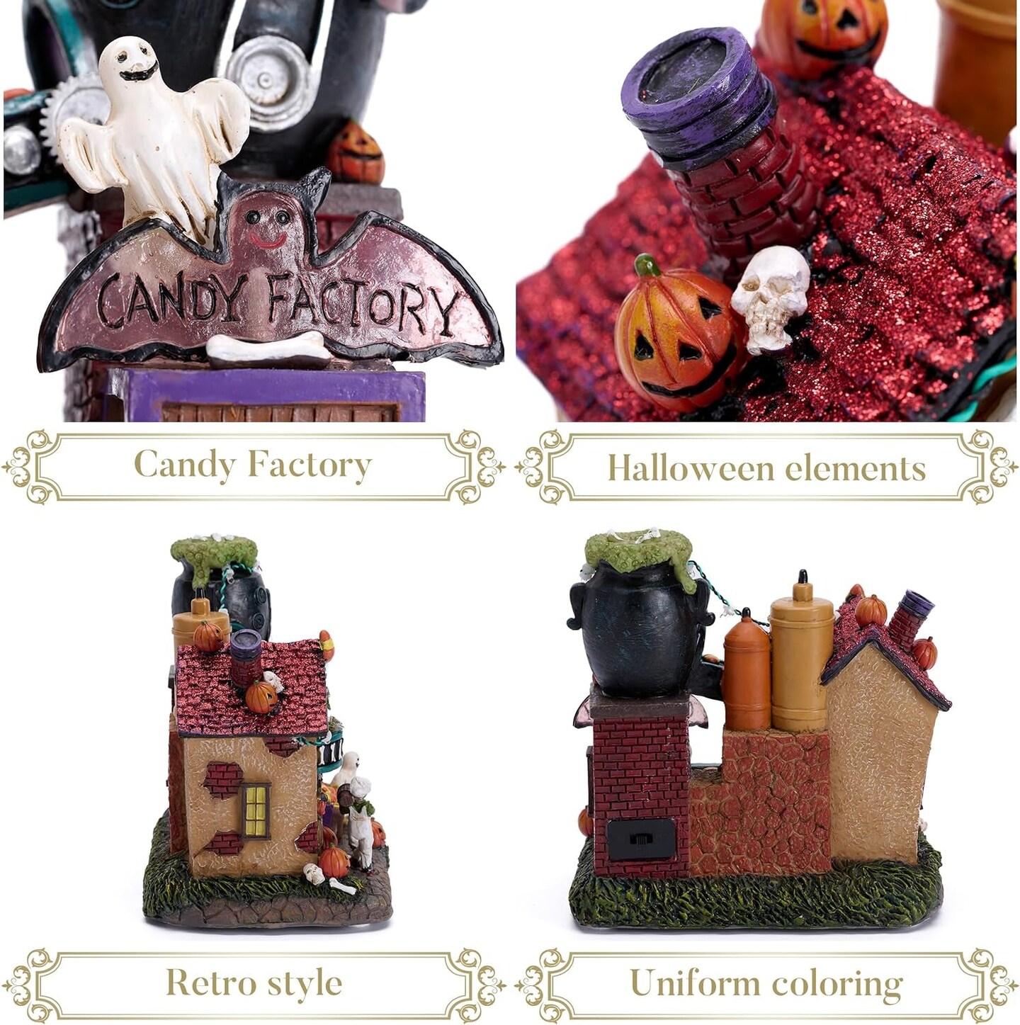Halloween Village Decoration for Home, 7.7Inch Lighted Vintage Halloween House Statue with Music and Light, for Yard Garden Outdoor Indoor Home Halloween Party Decor