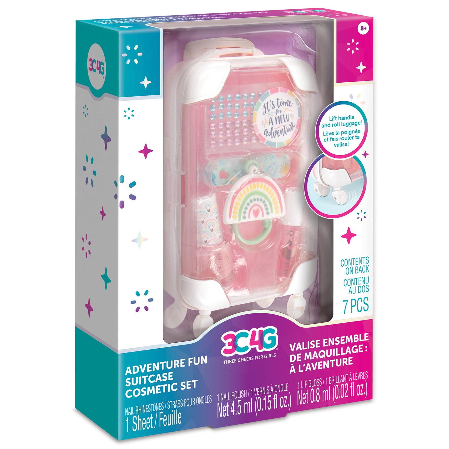 3C4G: Adventure Fun Suitcase Cosmetic Set - 7 pcs, Includes Strawberry Scented Lip Gloss, Nail Polish &#x26; More, Beauty Kit, Tweens, Girls &#x26; Kids Ages 8+, Three Cheers For Girls