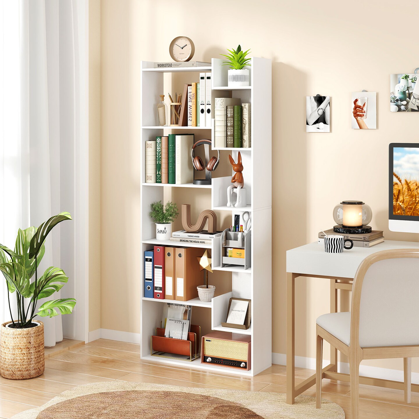 Wooden 6-Tier Bookshelf with Wall Anchor Kit and Open Shelves for Living Room