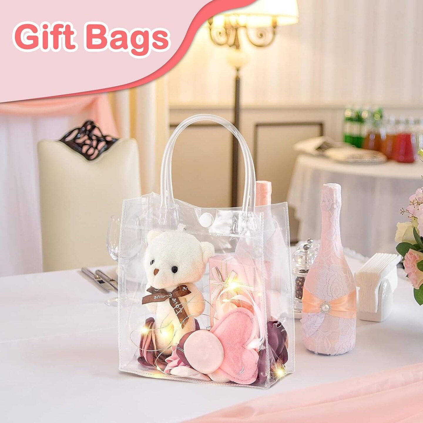 50 Pcs Clear Gift Bags with Handles - Transparent Reusable Tote Bags for Mother&#x27;s Day, Boutique, Wedding, Birthday, Baby Shower Party (5.1 x 5.9 x 2.7 Inch)