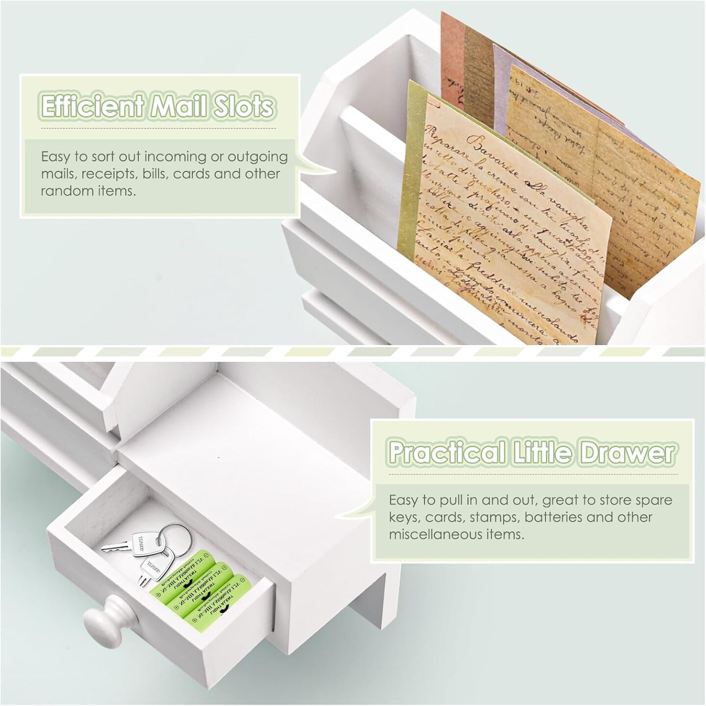 Key Holder Wall Mount, Wooden Mail and Key Organizer with Drawer and Shelf, 2 Slots, 6 Hooks, White