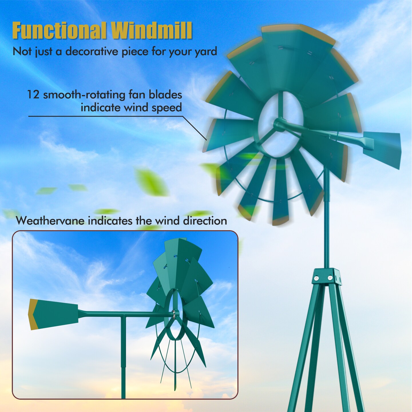 Sturdy 8 Feet Metal Windmill Outdoor Garden Decoration with Rotating Blades