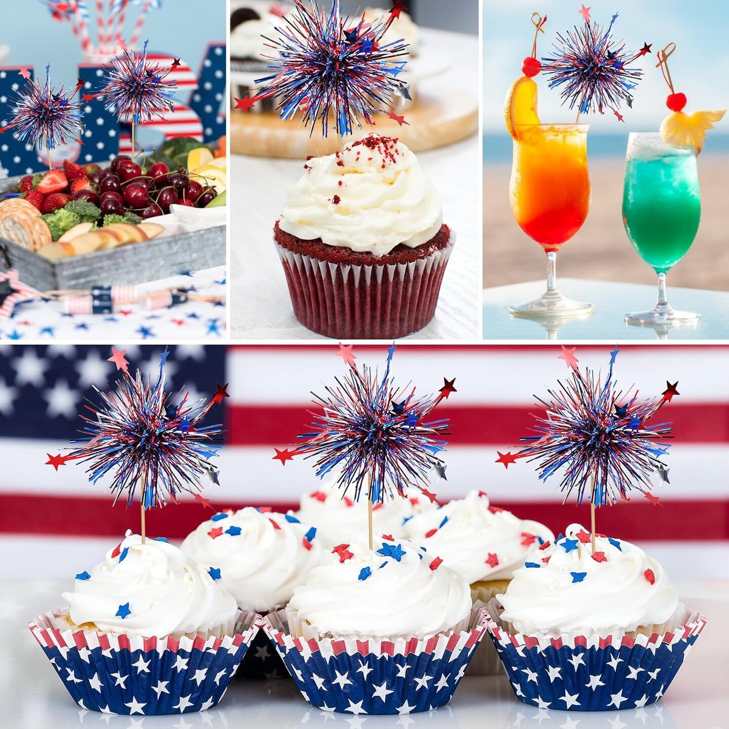 24Pcs American Patriotic Cupcake Toppers, 4th of July Foil Firework Cupcake Toppers Tinsel Drink Cake Decoration Picks Independence Day Decorations Supplies Favor