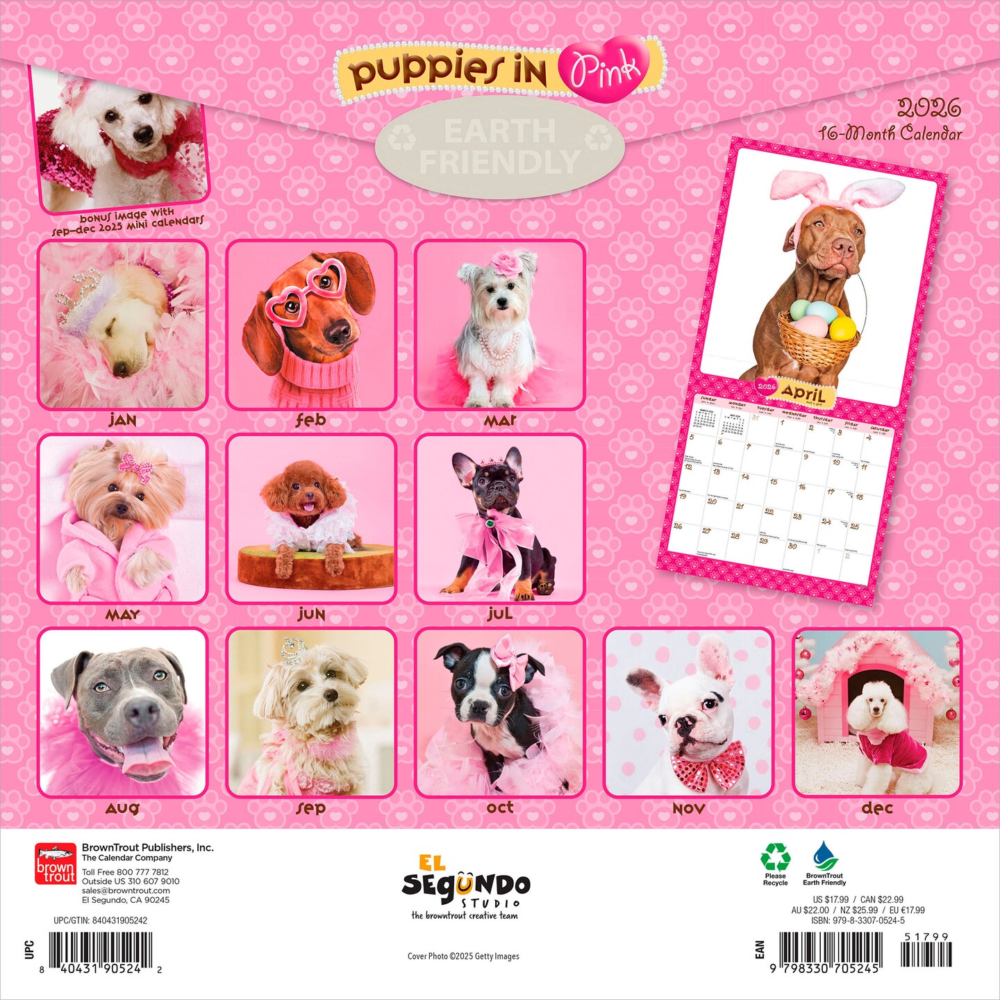 Puppies in Pink | 2026 12 x 24 Inch (Hanging) Monthly Square Wall Calendar | Plastic-Free | BrownTrout | Animals Fun Humor Pets