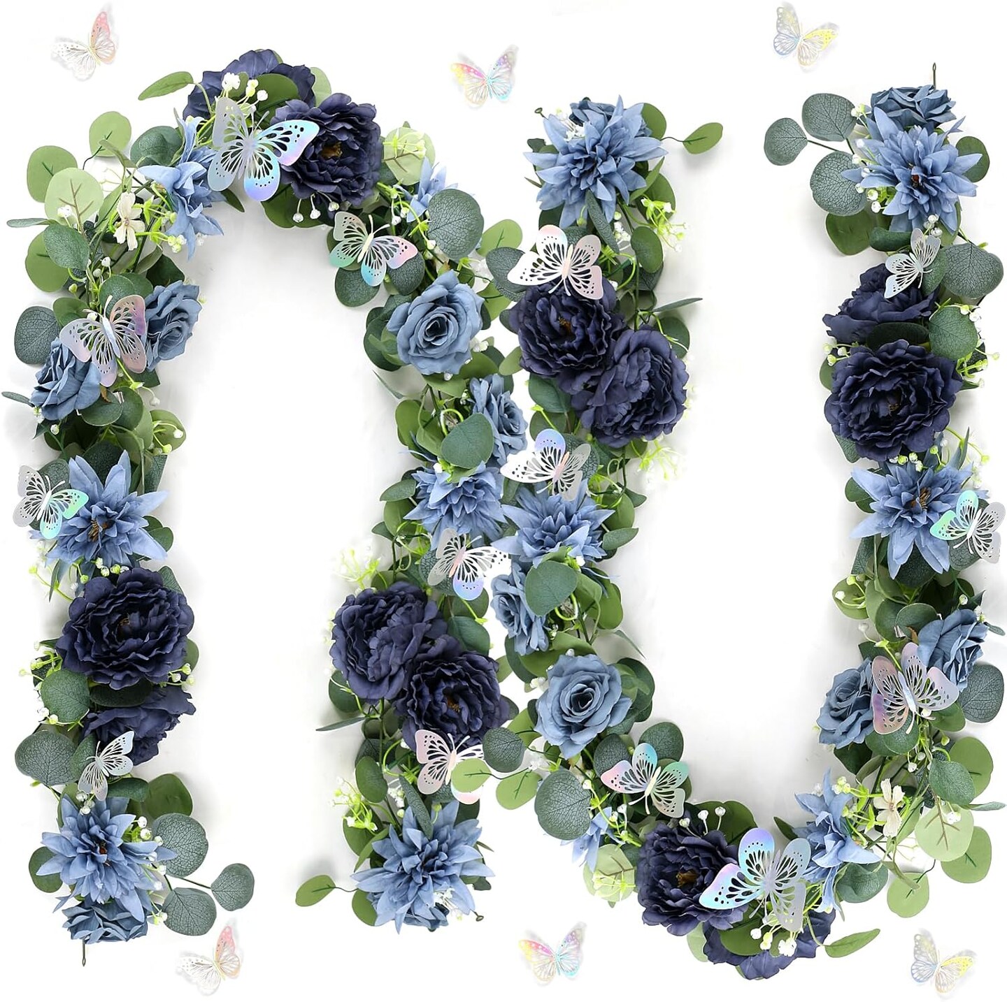 Eucalyptus Spring Garland with Flowers - 2 Pack 5.9 FT Fake Flower Garland with Butterflies Faux Rose Greenery Garlands for Wedding Table Backdrop Arch Centerpieces Decorations - Navy Blue