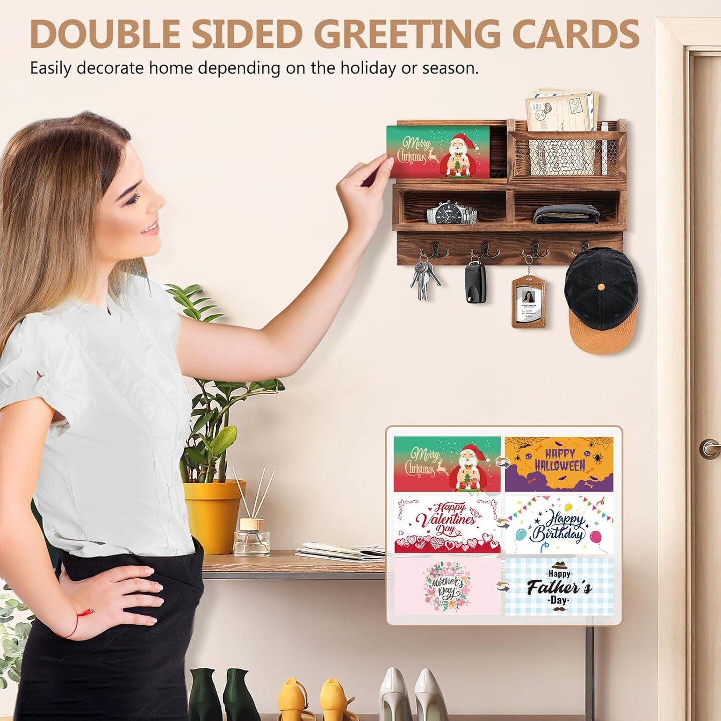 Key Holder Wall Mount, Wooden Mail and Key Organizer with Chalkboard and Mirror, 3 Greeting Cards, 8 Hooks, Brown, Type 1