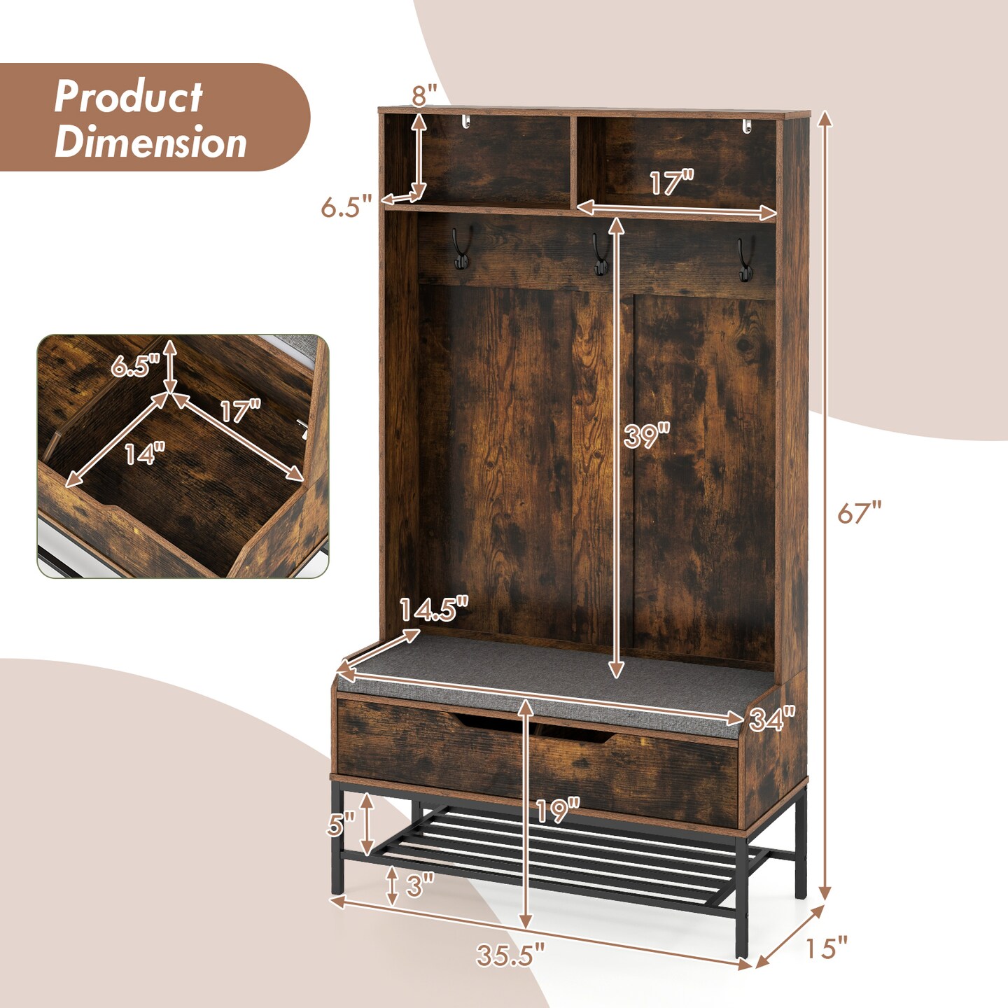 69-Inch Tall Hall Tree with Hooks, Storage Shelf, and Shoe Rack for Entryway