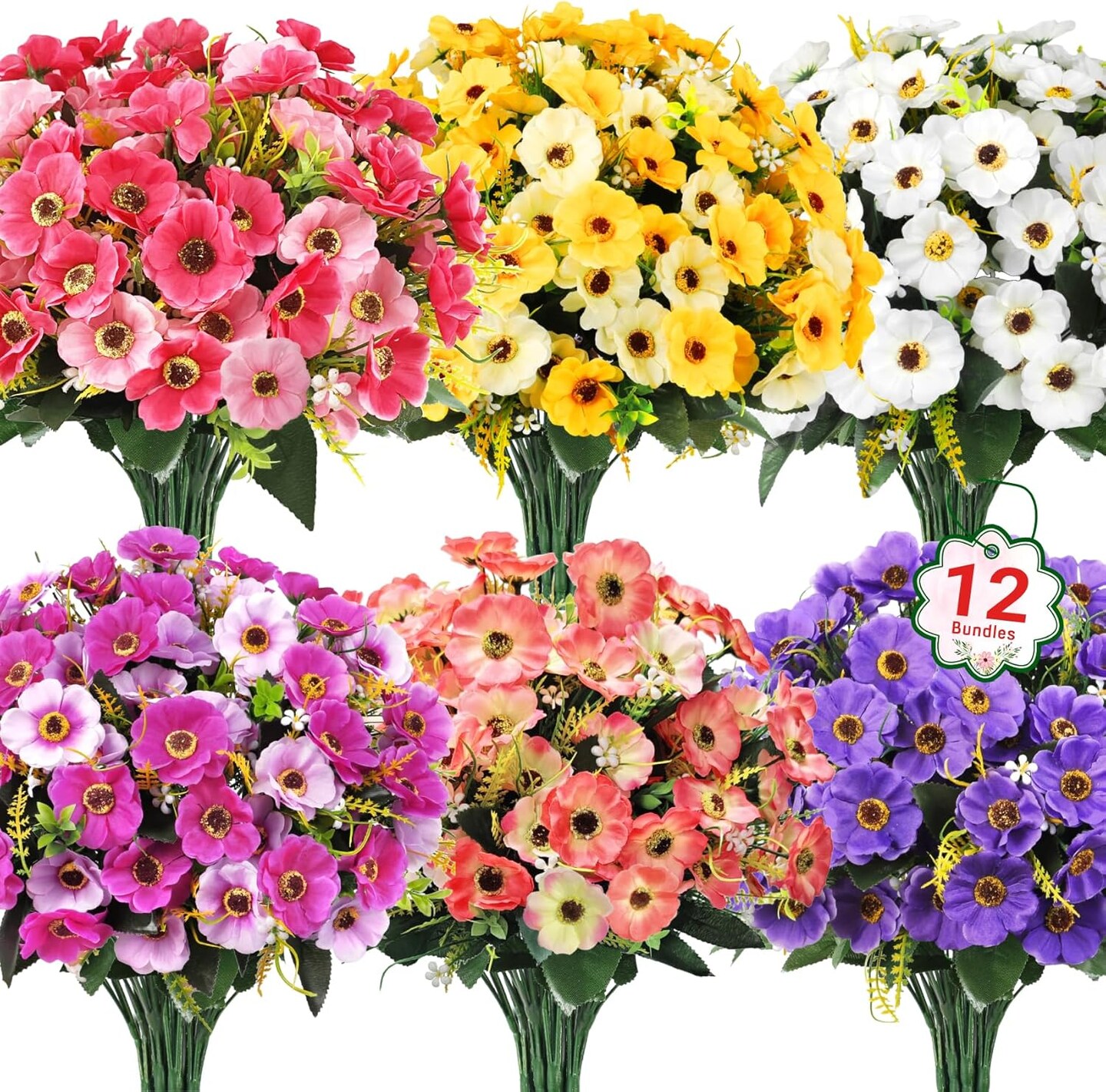 12-Bundle Artificial Outdoor Flowers – UV-Resistant Faux Daisy Silk Plants for Spring/Summer Garden, Porch, Window Boxes, Room, and Home Decor (Mixed Colors)