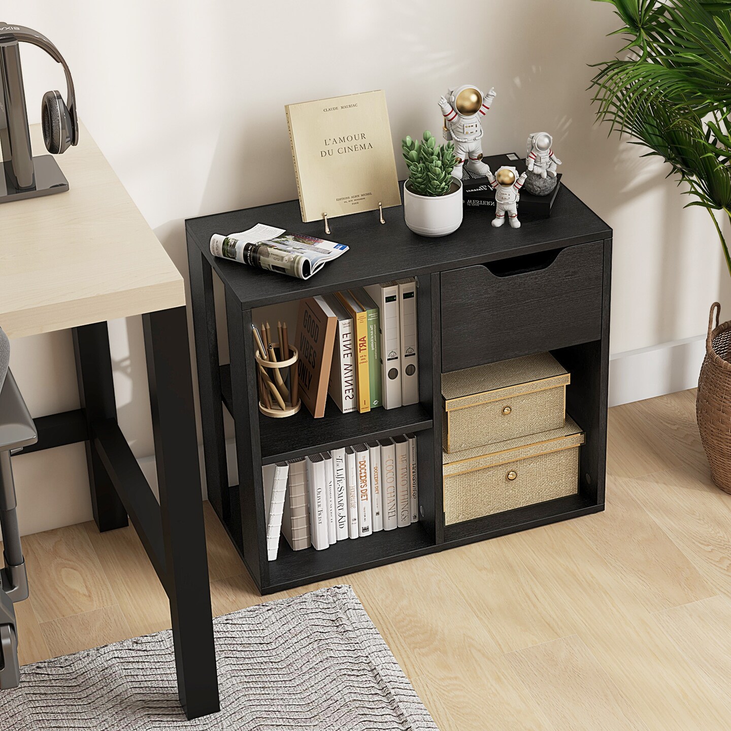Modern Wood Bookcase with Drawer for Living Room and Study