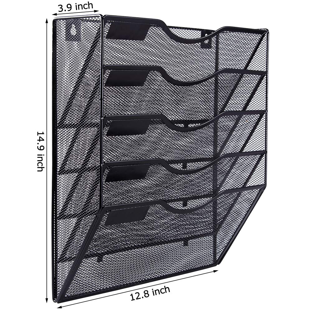 5 Pocket Mesh Hanging Wall File Organizer, Wall Mounted Mail Paper Document Folder Holder, Clipboard Storage Organization Magazine Rack with Nametag Label for Office Home School, Black