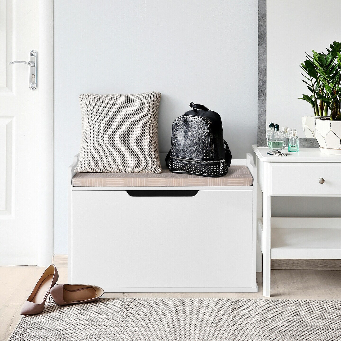 Spacious White Storage Bench with Padded Seat and Rounded Corners Perfect for Kids Room Storage