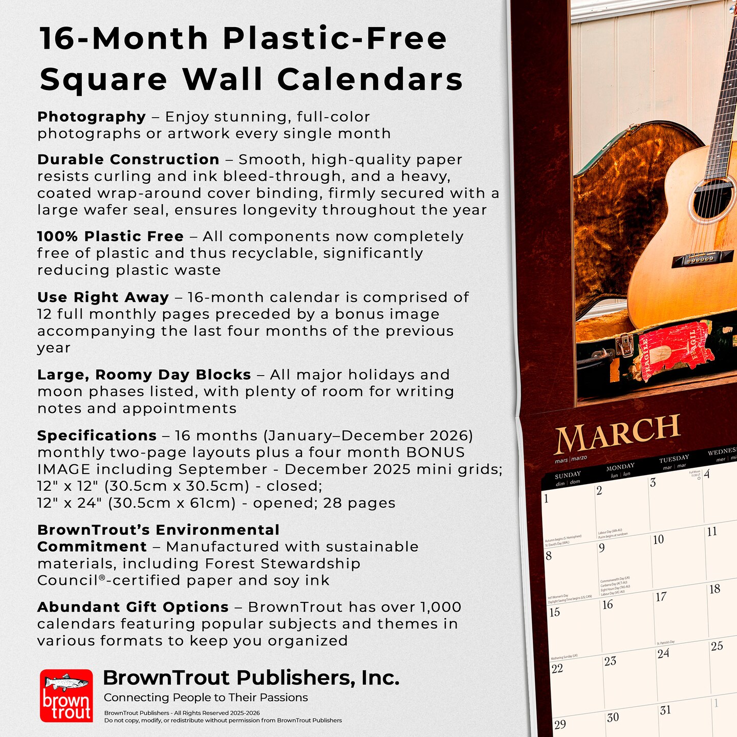 Vintage Guitars | 2026 12 x 24 Inch (Hanging) Monthly Square Wall Calendar | Foil Stamped Cover | Plastic-Free | BrownTrout | Instrument Classic