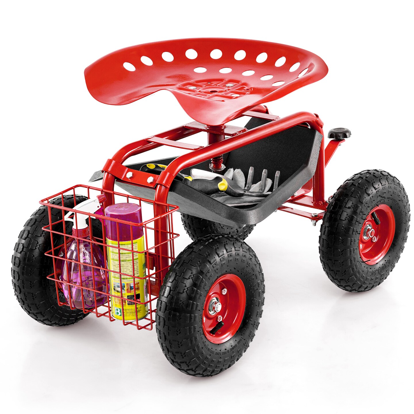 4-Wheel Outdoor Work Cart with Swivel Seat Steel Frame Tool Tray and Large Wheels for Gardening