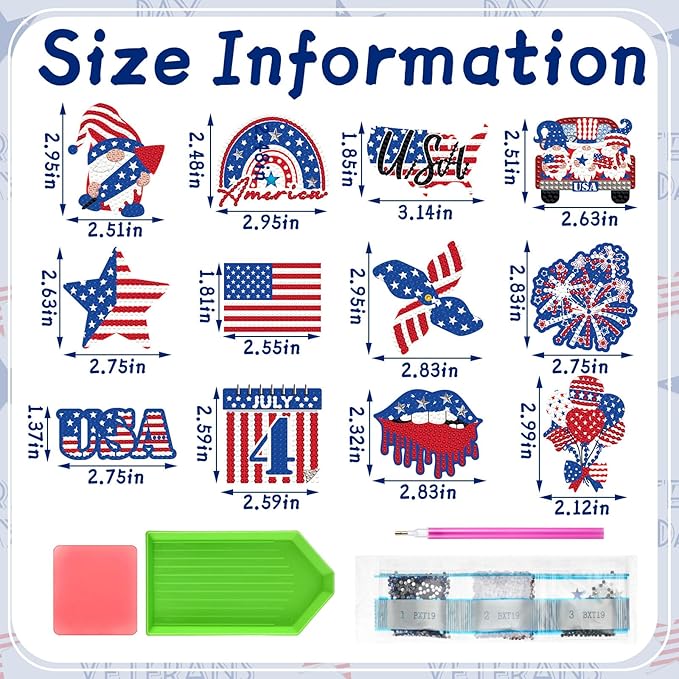12 Pcs Refrigerator Diamond Painting Magnets Easy Diamond Art Painting Magnetic Stickers Kits Fridge Magnets for Adults DIY Home Decors(American Flag)