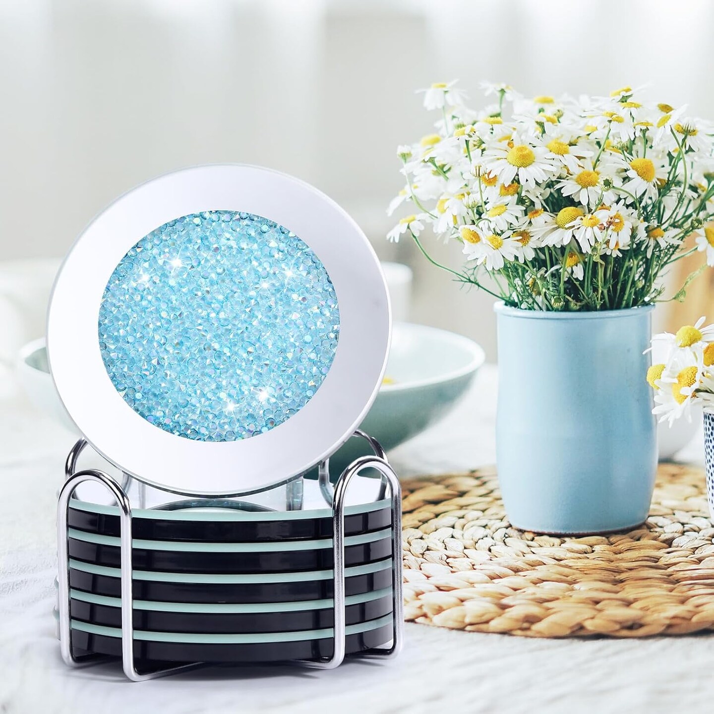 Crushed Diamond Decor Glass Coaster Coasters Set of 6 with 1 Holder, Crystal Mirrored Coasters Glitter Crushed Diamond Decoration Rhinestone Decor for Kitchen Bar Home(Navy Blue)