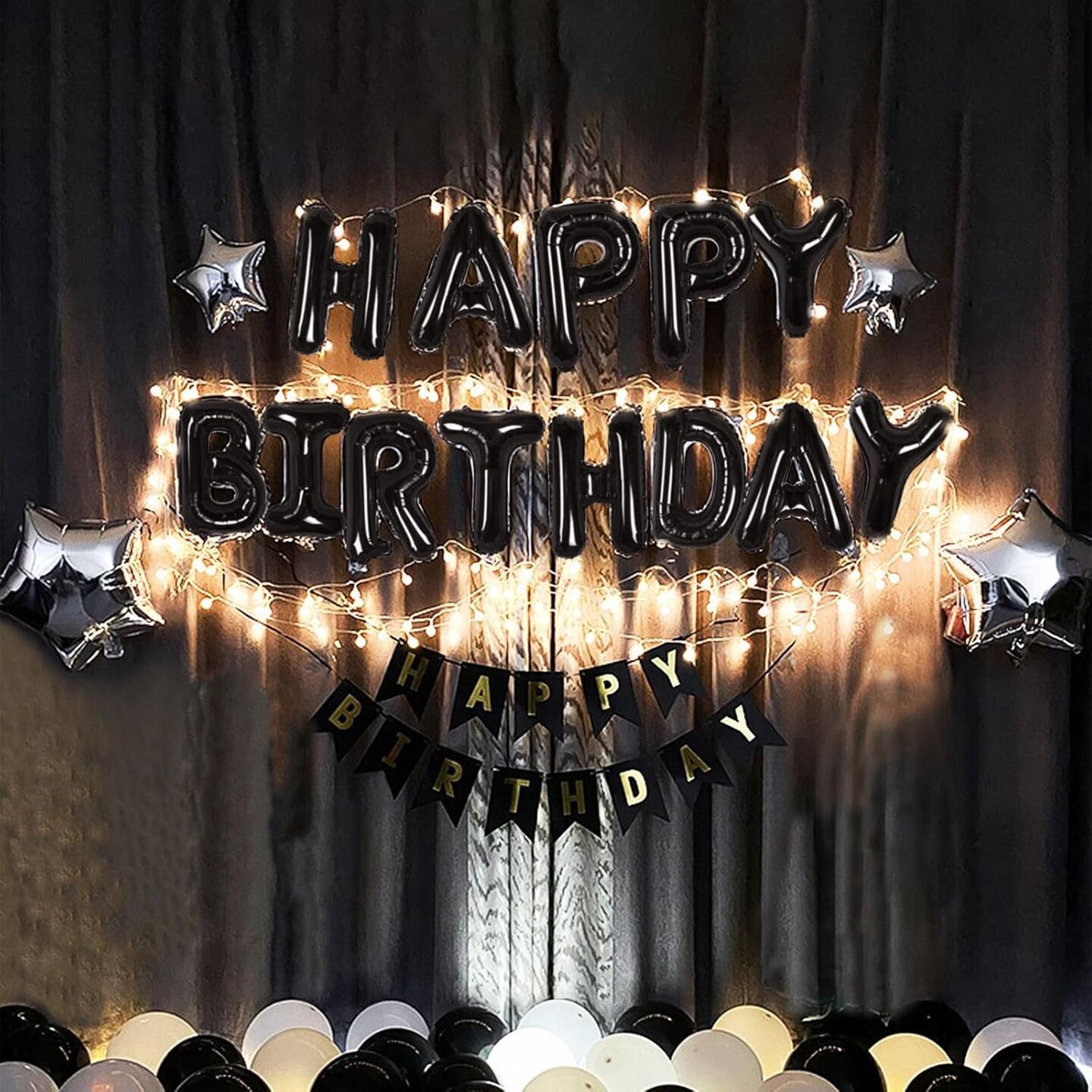 Happy Birthday Banner 13pcs 16 Inch Mylar Foil Letters Sign Balloons with LED Lights Birthday Party Decorations for Kids and Adults - 3D Black