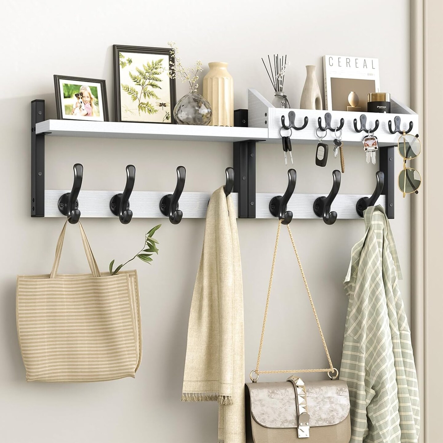 29" Coat Rack Wall Mount with Shelf, 4 in 1 Coat and Key Hanger with 11 Metal Hooks, Entryway Wall Mounted Shelf with Mail Holder for Living Room, Bedroom, White