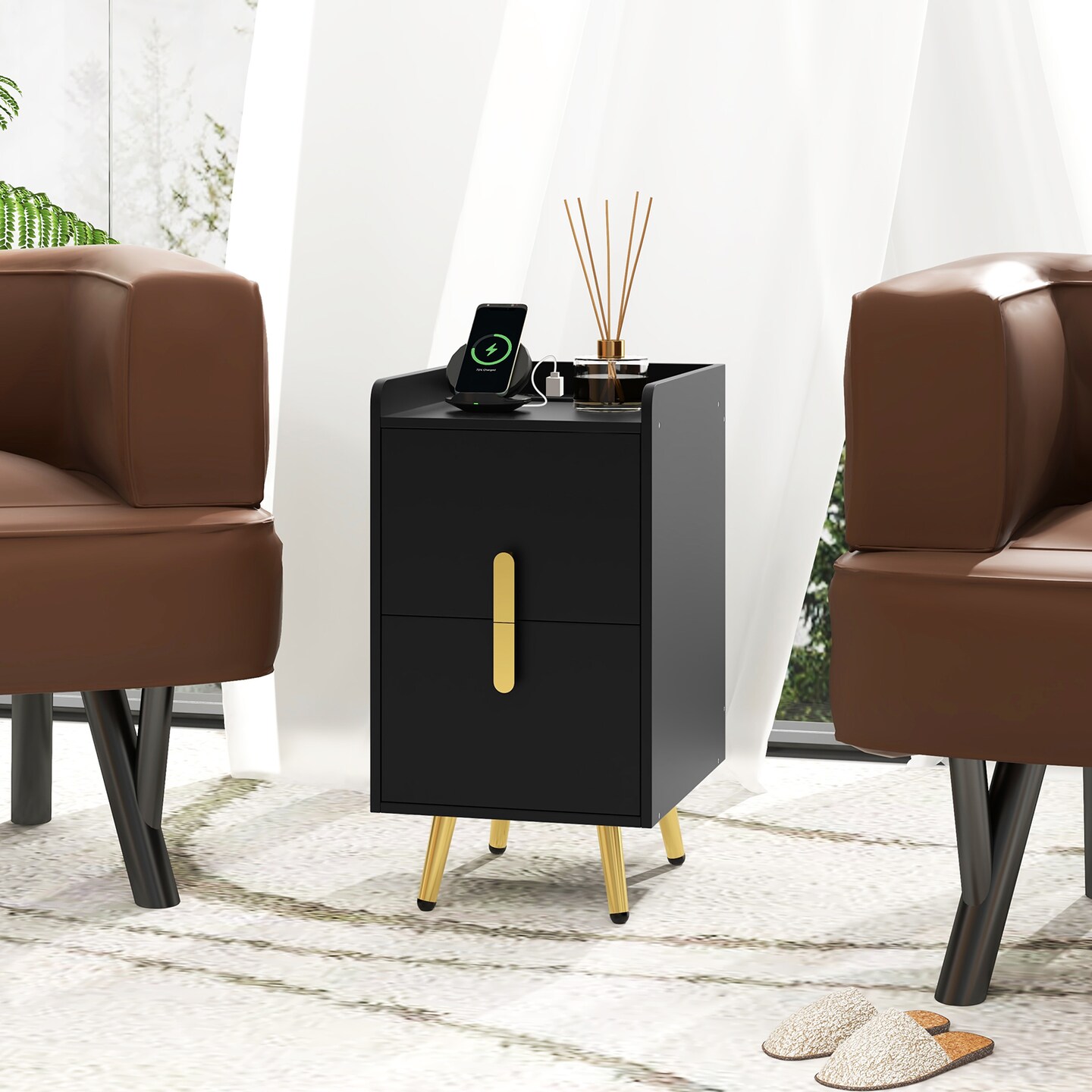 End Table Nightstand with Built-In Charging Station 2 USB Ports and 3 AC Outlets Drawers for Bedroom Office