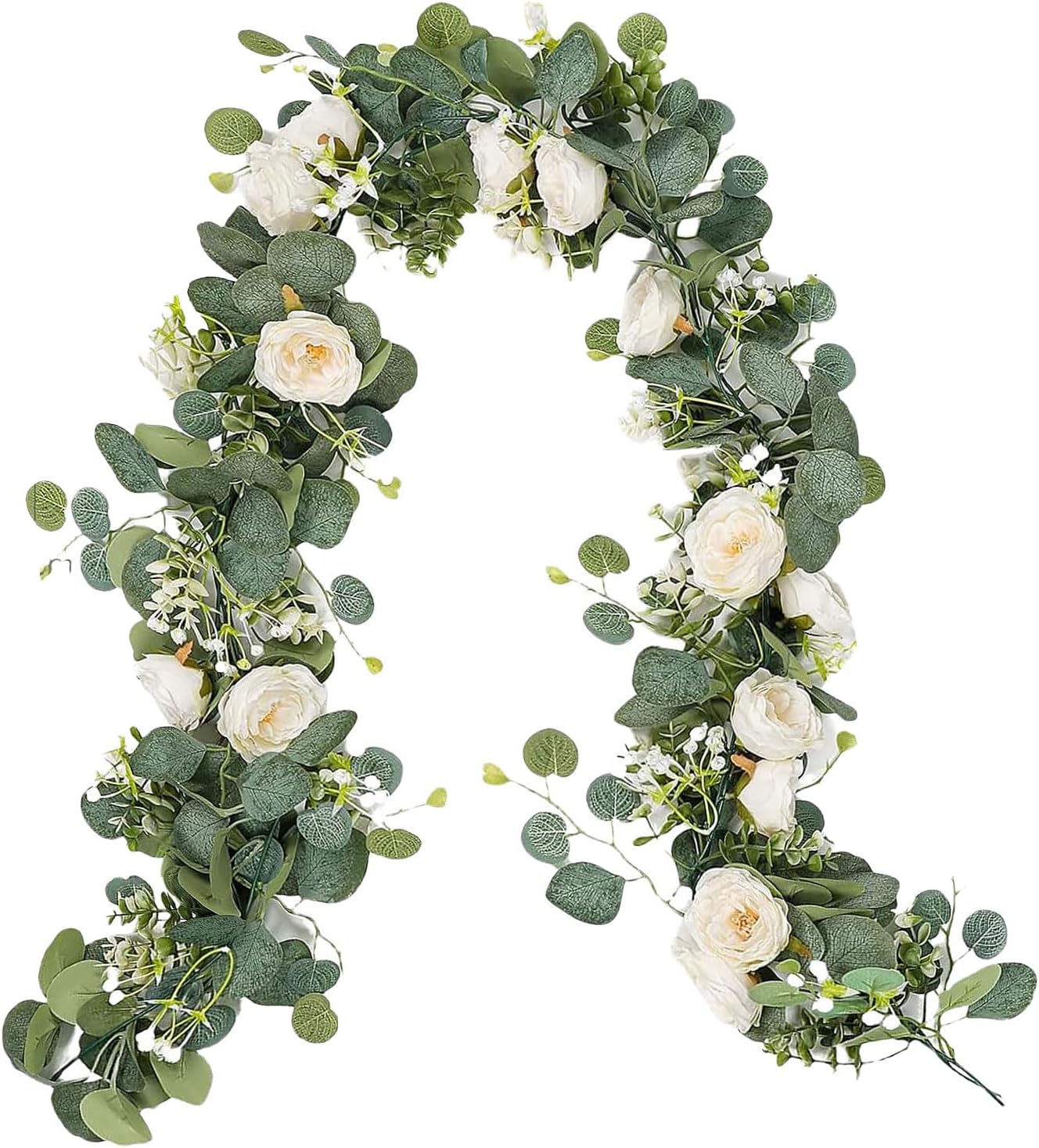 2 Pack 5.9Ft Artificial Eucalyptus Garland with Flowers Fake White Rose Vines Greenery Garland Hanging Plants Decor for Wedding Arch Centerpiece Party Table Backdrop Decoration