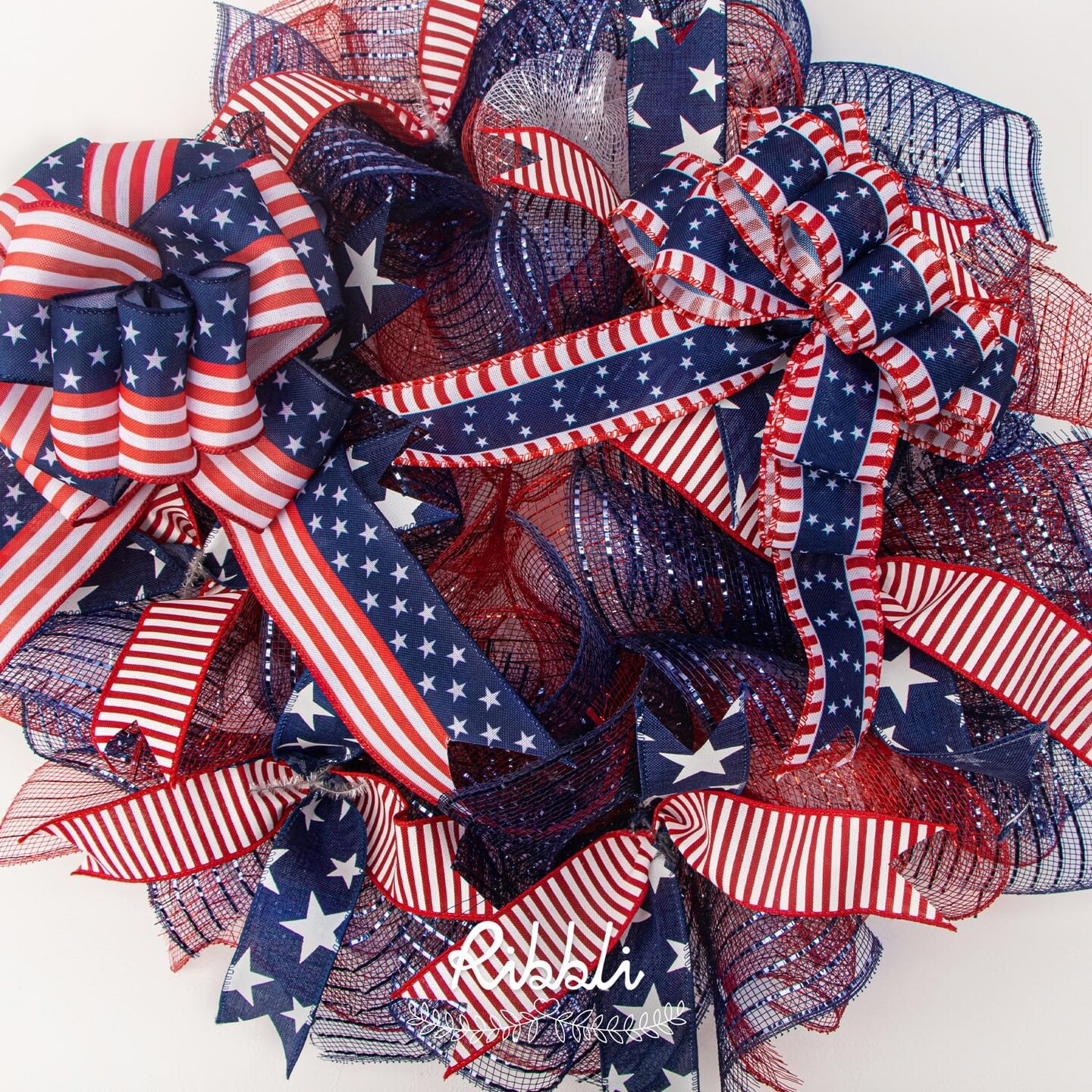 Patriotic Wired Ribbon, 2 Rolls Navy Star and Red Stripe Burlap Polyester Ribbon