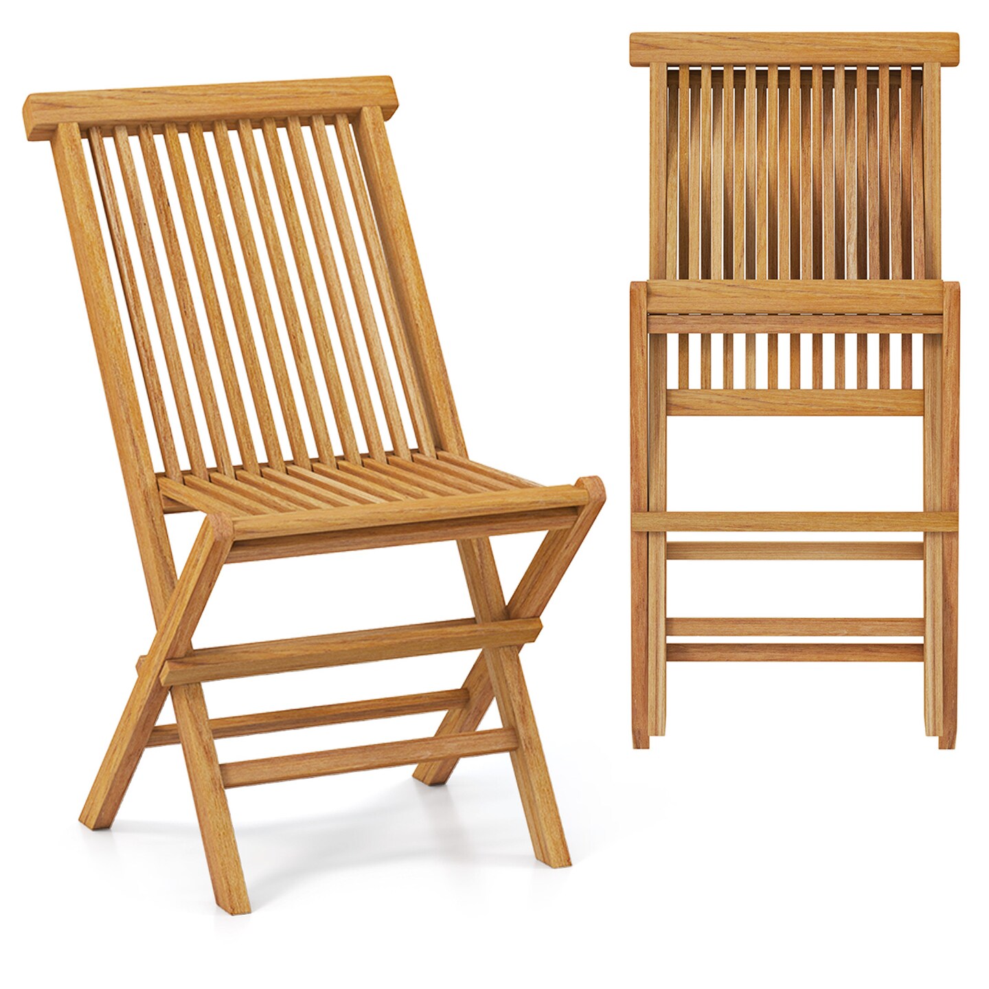 Set of 2 Space-Saving Outdoor Folding Teak Wood Chair with Breathable Slatted Seat and High Back