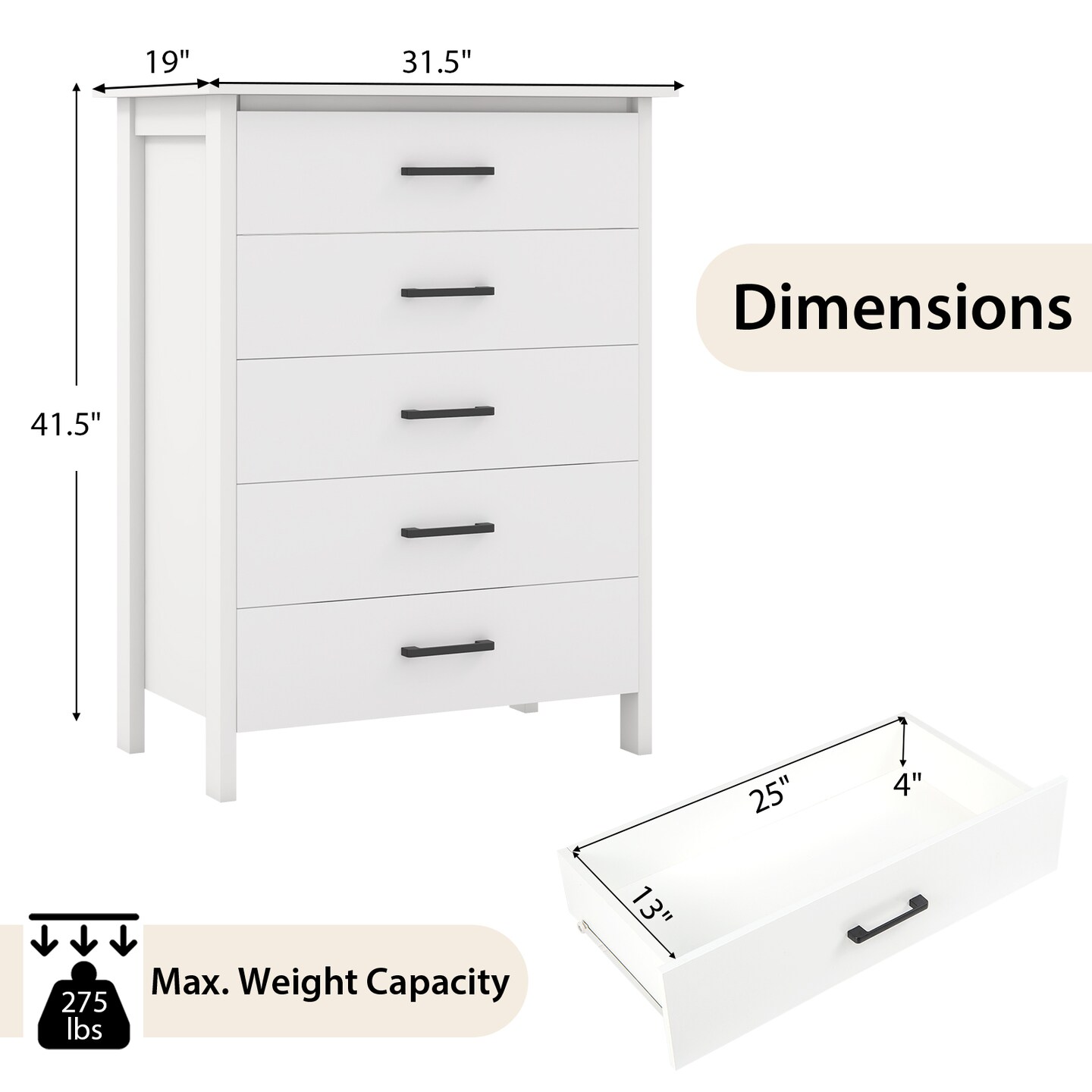 Modern Tall Storage Dresser with 5 Spacious Drawers and Wood Top Shelf for Bedroom Closet or Entryway