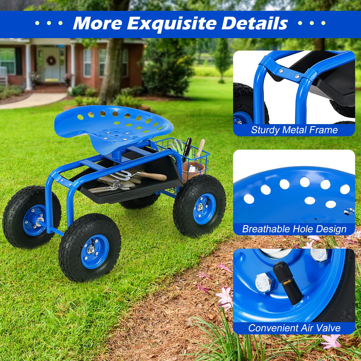 Blue Heavy Duty Rolling Garden Cart with Adjustable Swivel Seat and Pneumatic Wheels for Outdoor Use