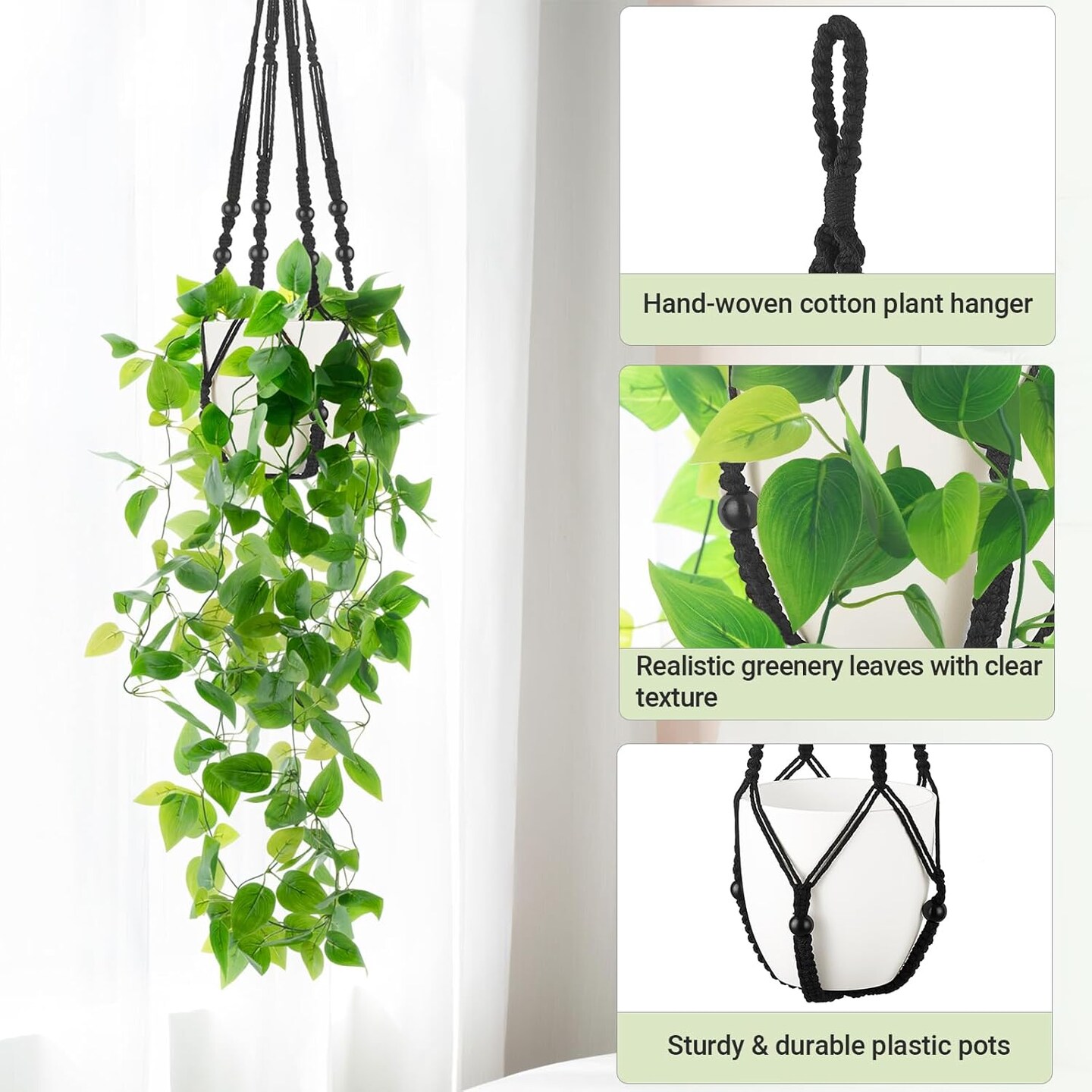 Artificial Macrame Hanging Plant with Pot (1, Black)