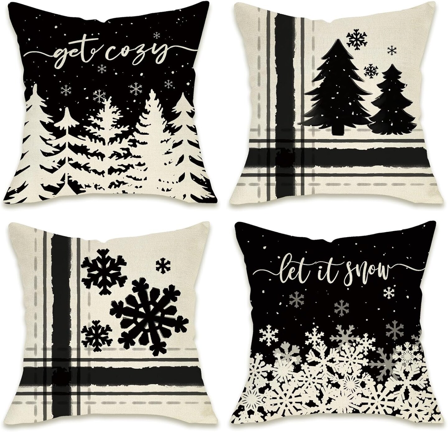 Winter Snowflake Decorative Throw Pillow Covers 18x18 Set of 4, Let It Snow Christmas Pine Tree Black Outdoor Pillowcase, Get Cozy Seasonal Holiday Farmhouse Cushion Case Home Decor